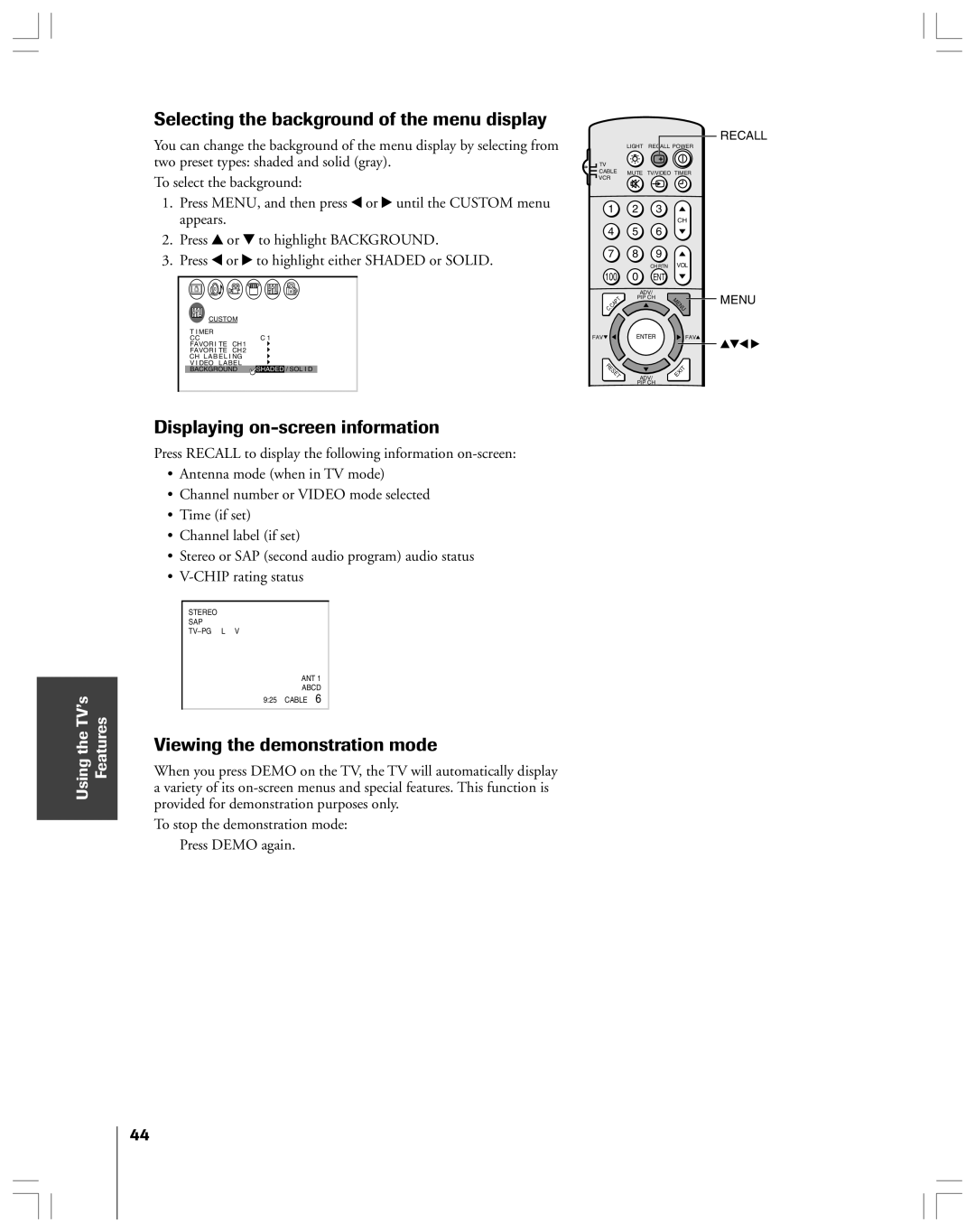 Toshiba 43A61 owner manual Selecting the background of the menu display, Displaying on-screen information 