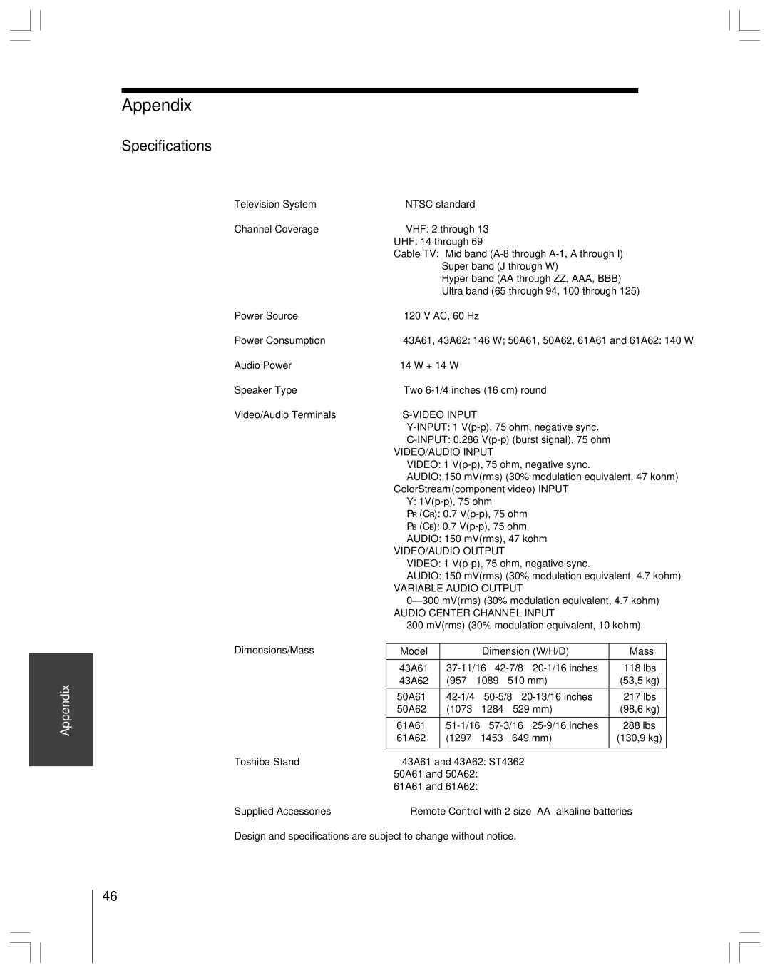 Toshiba 43A61 owner manual Appendix, Specifications 