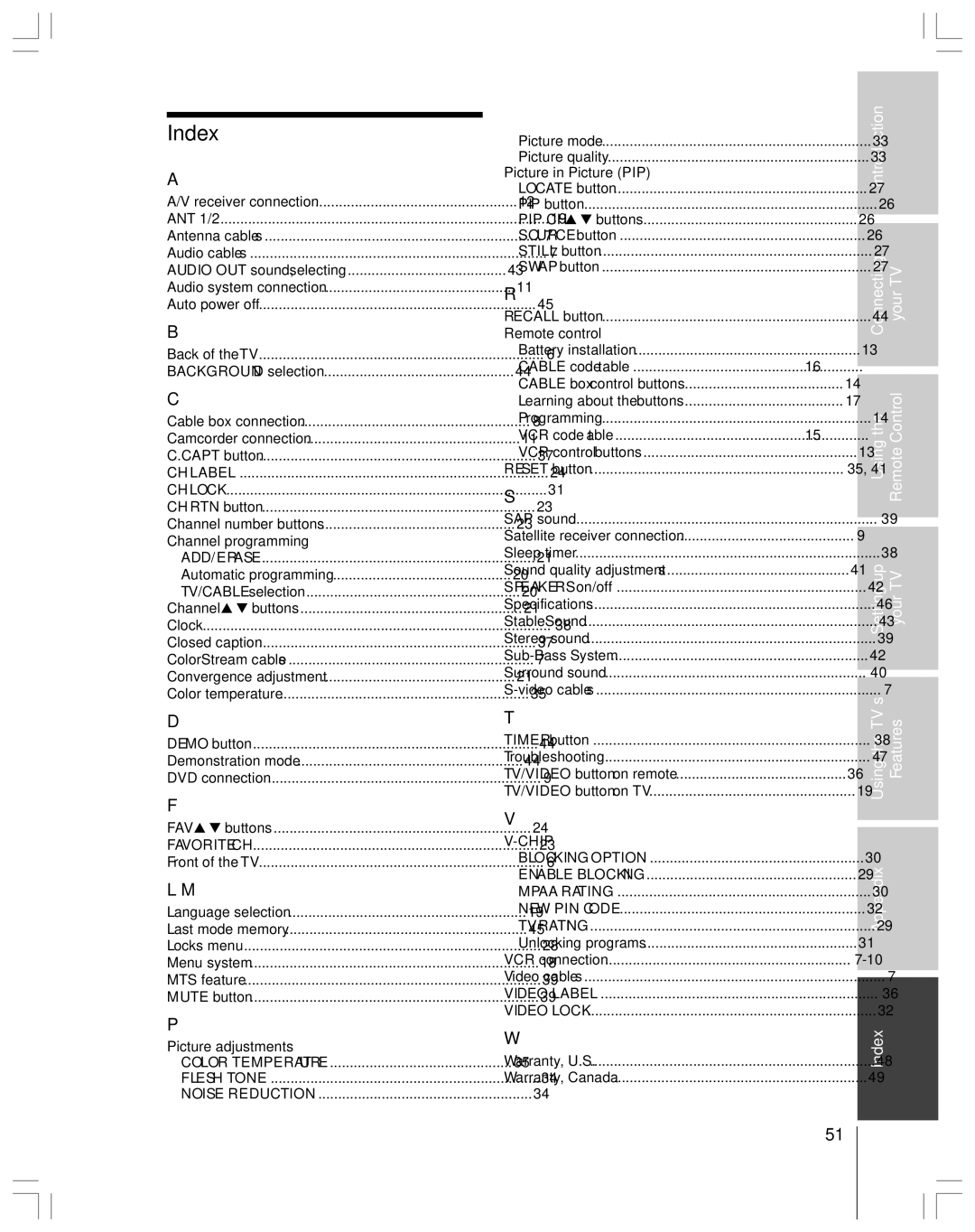 Toshiba 43A61 owner manual Index, Channel programming 