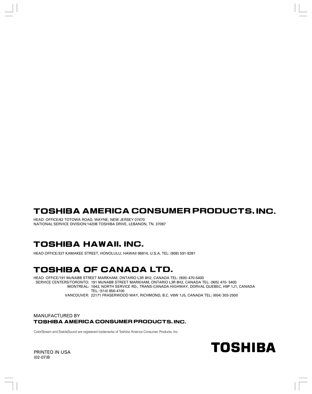 Toshiba 43A61 owner manual Manufactured by, 02-07B 