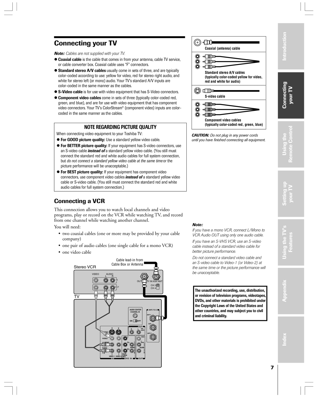 Toshiba 43A61 owner manual Connecting your TV, Connecting a VCR, Stereo VCR 