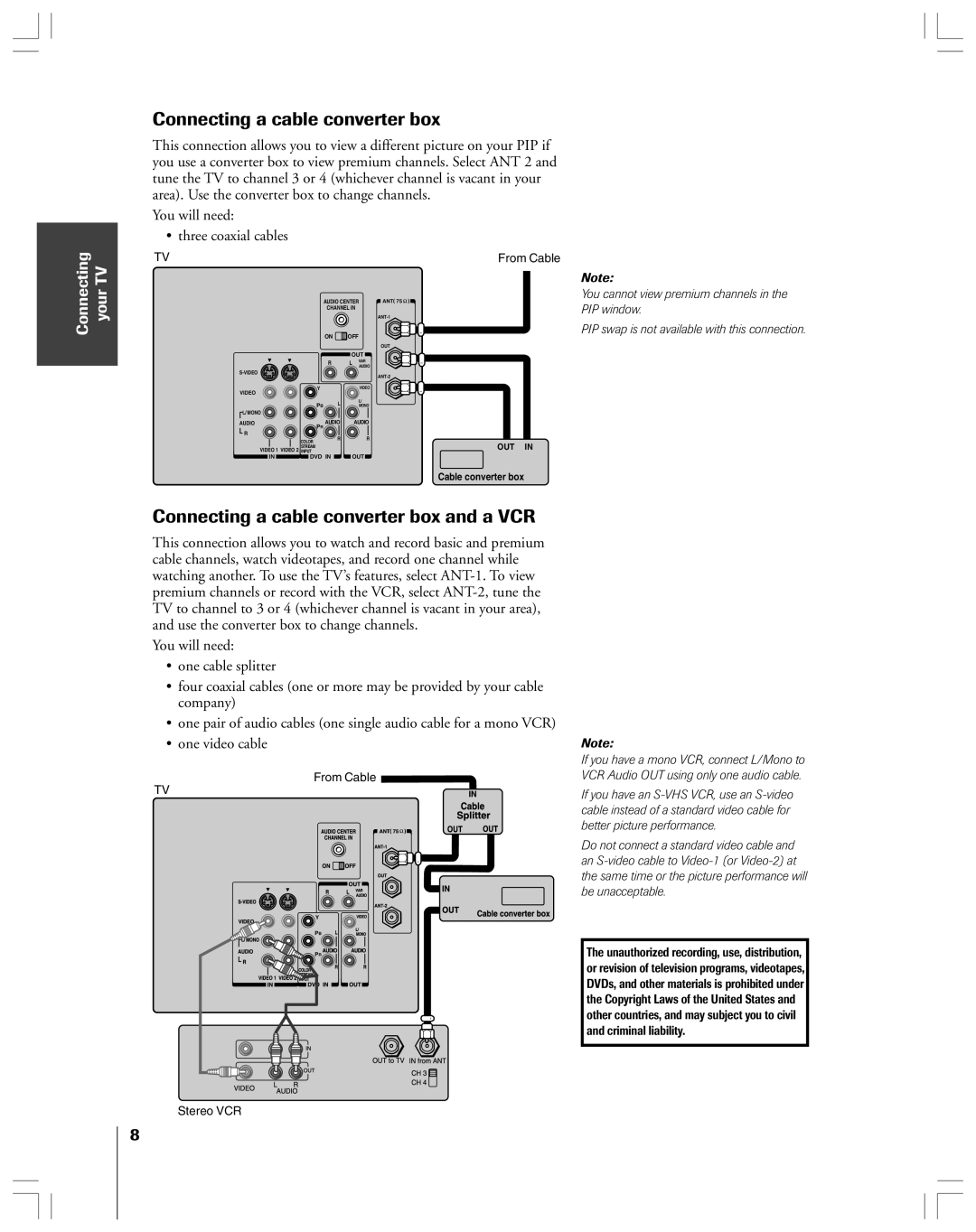 Toshiba 43A61 owner manual Connecting a cable converter box and a VCR 