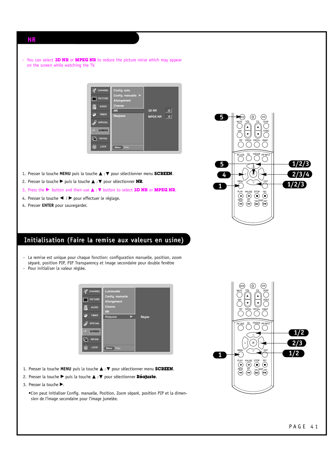 Toshiba 44HM85 owner manual Initialisation Faire la remise aux valeurs en usine 