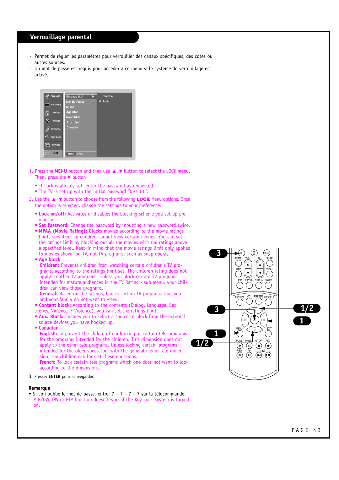 Toshiba 44HM85 owner manual Verrouillage parental, Remarque 