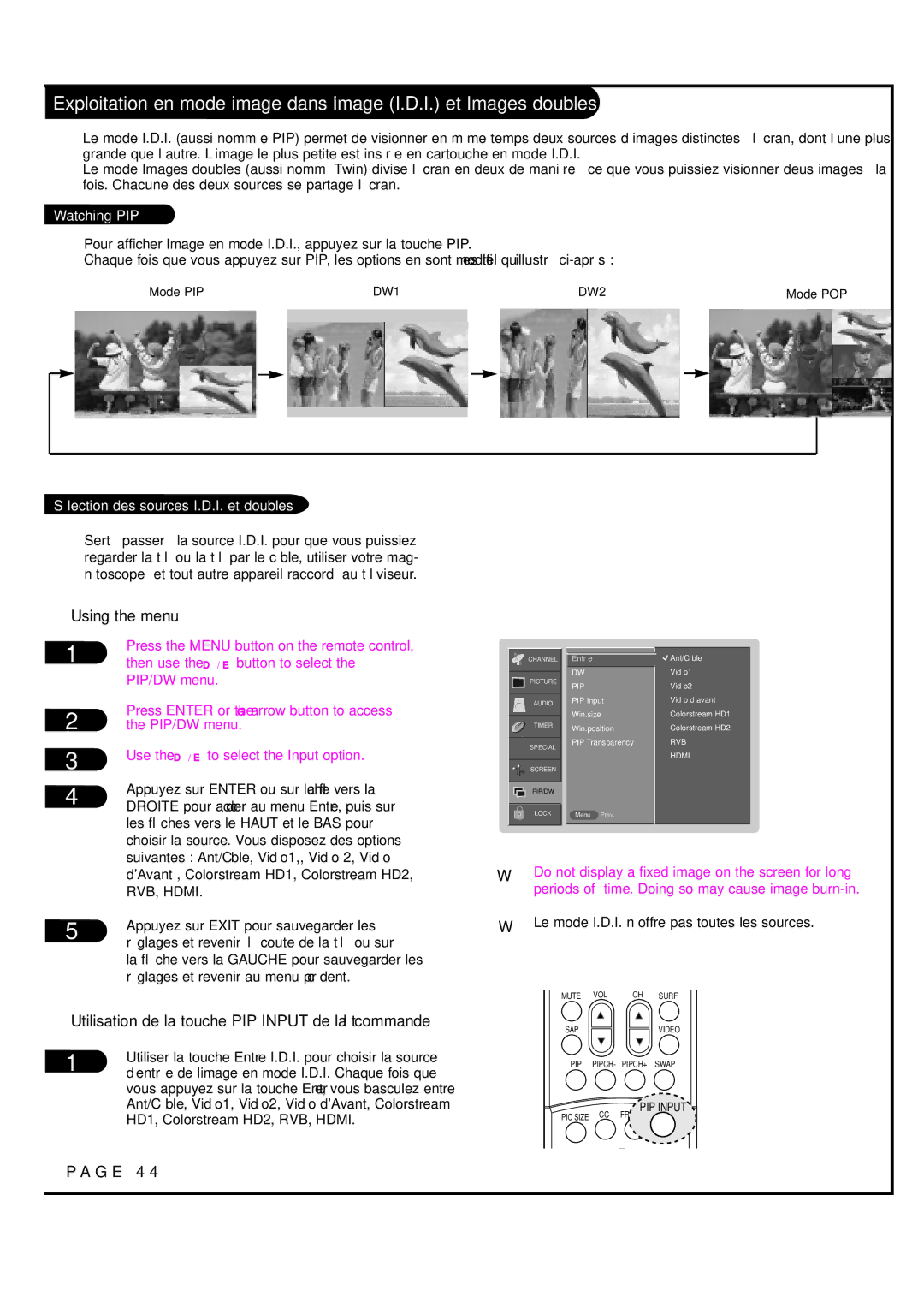 Toshiba 44HM85 owner manual Sélection des sources I.D.I. et doubles 