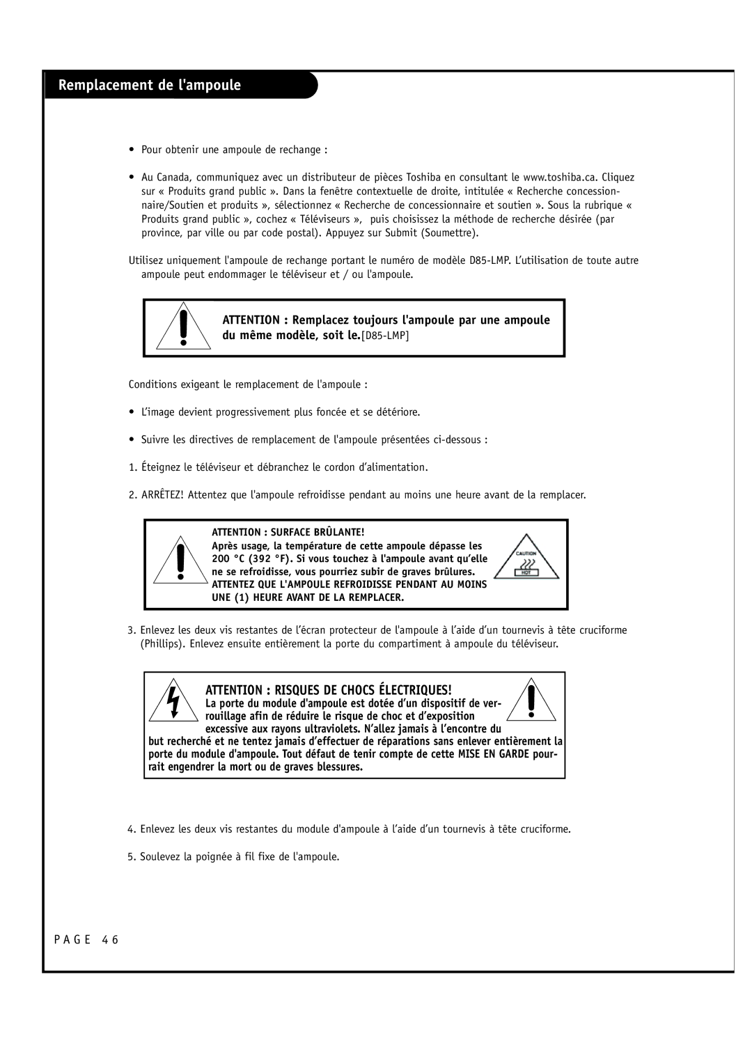 Toshiba 44HM85 owner manual Remplacement de lampoule 