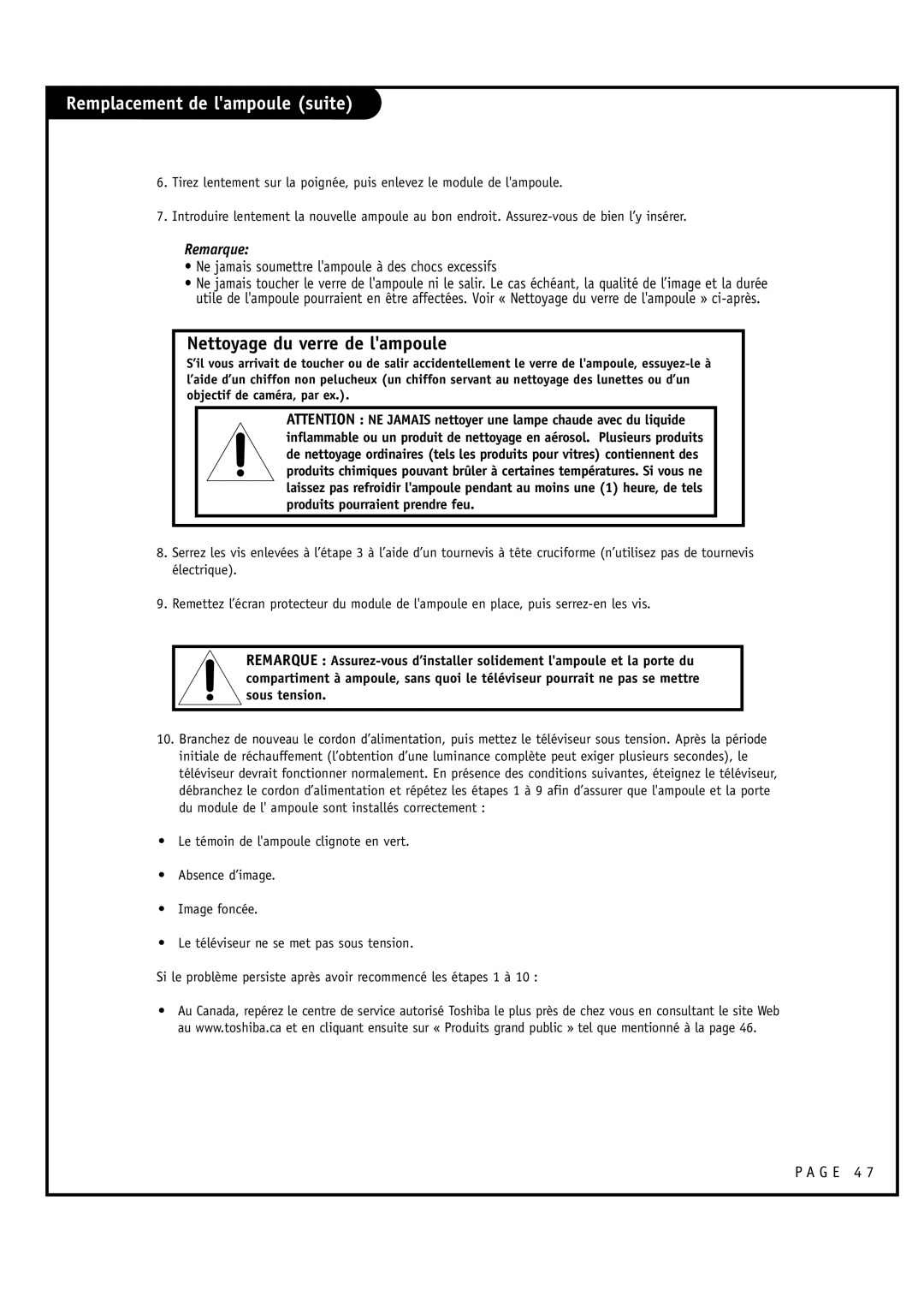 Toshiba 44HM85 owner manual Remplacement de lampoule suite, Ne jamais soumettre lampoule à des chocs excessifs 