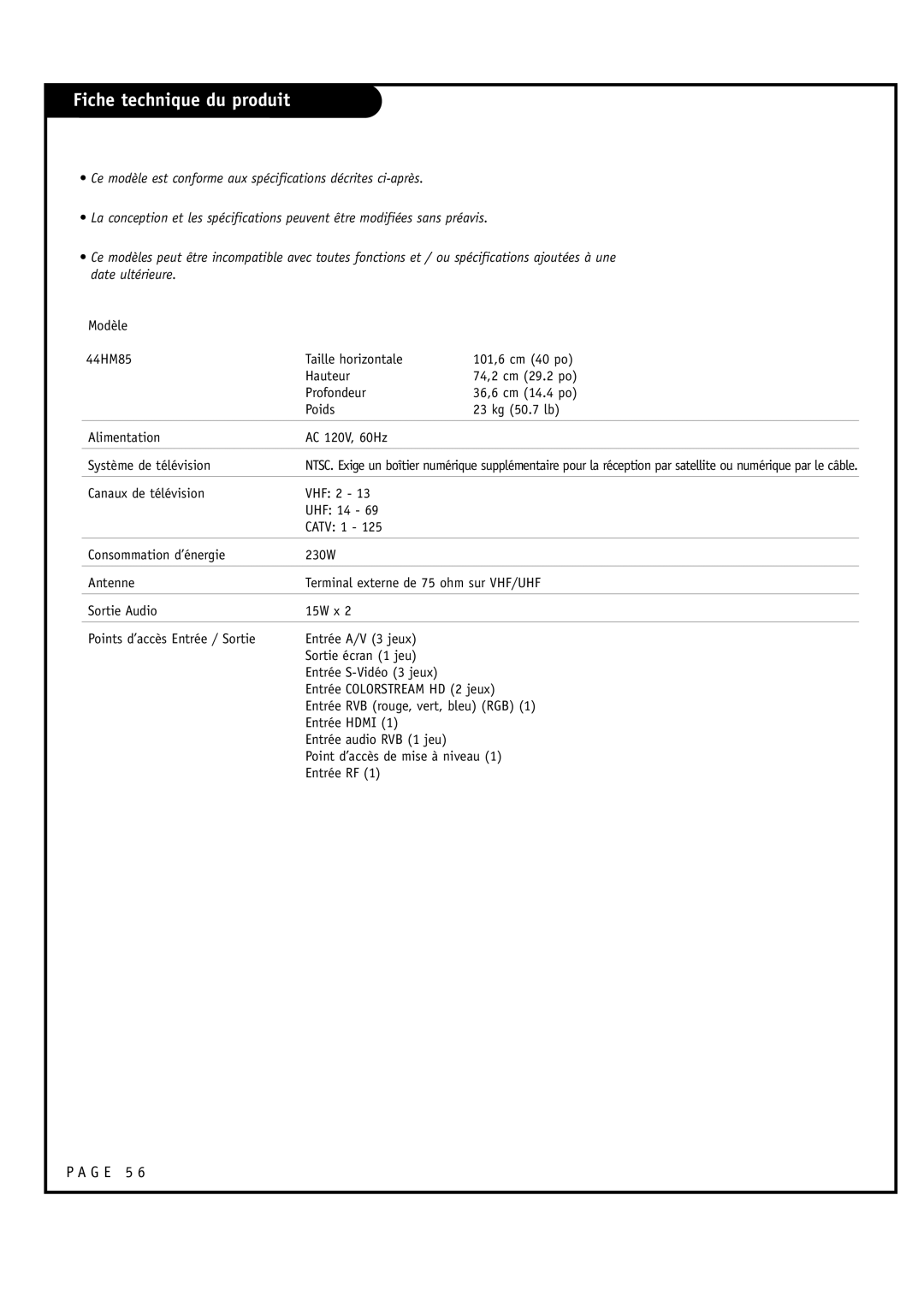 Toshiba 44HM85 owner manual Fiche technique du produit 