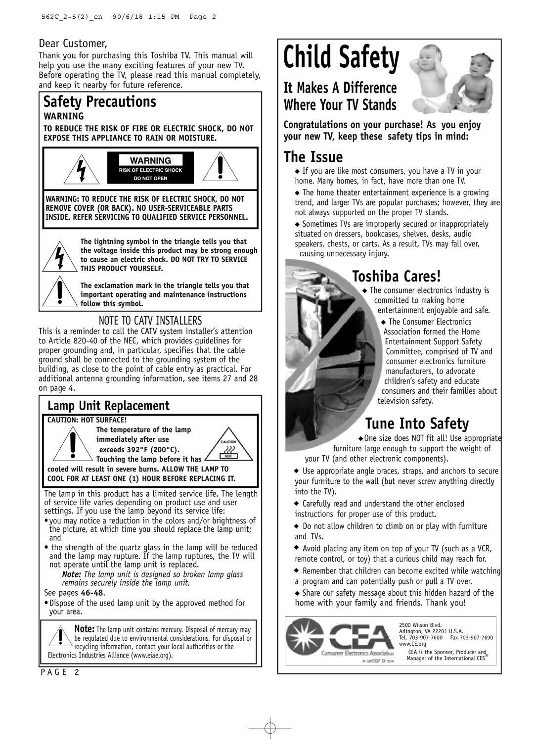 Toshiba 44HM85 owner manual Dear Customer, Causing unnecessary injury 