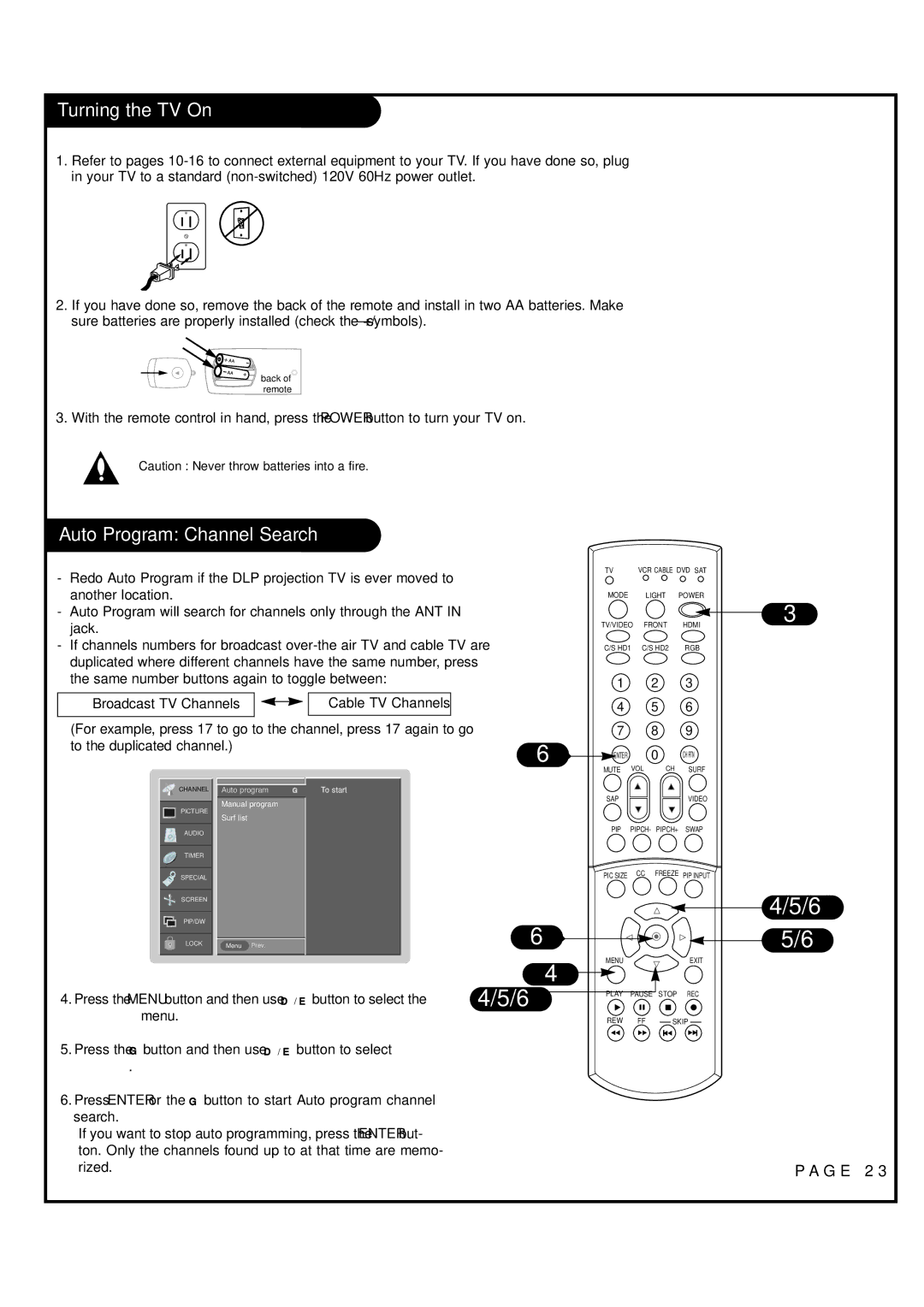 Toshiba 44HM85 owner manual Turning the TV On, Auto Program Channel Search, Broadcast TV Channels 