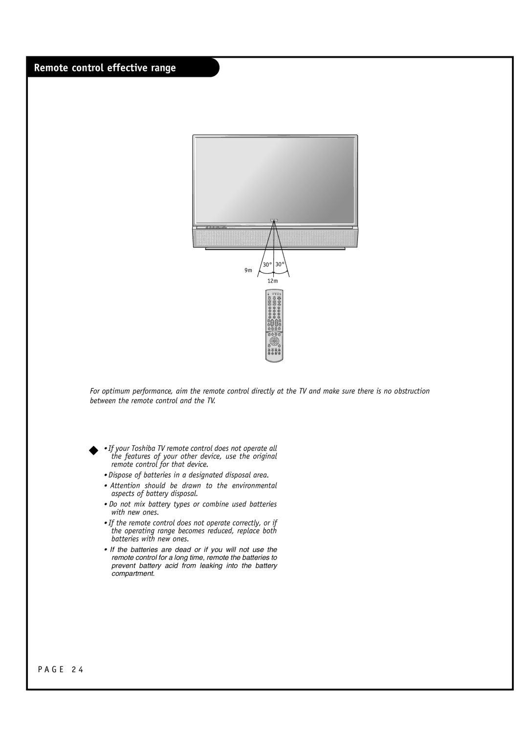 Toshiba 44HM85 owner manual Remote control effective range, 12m 