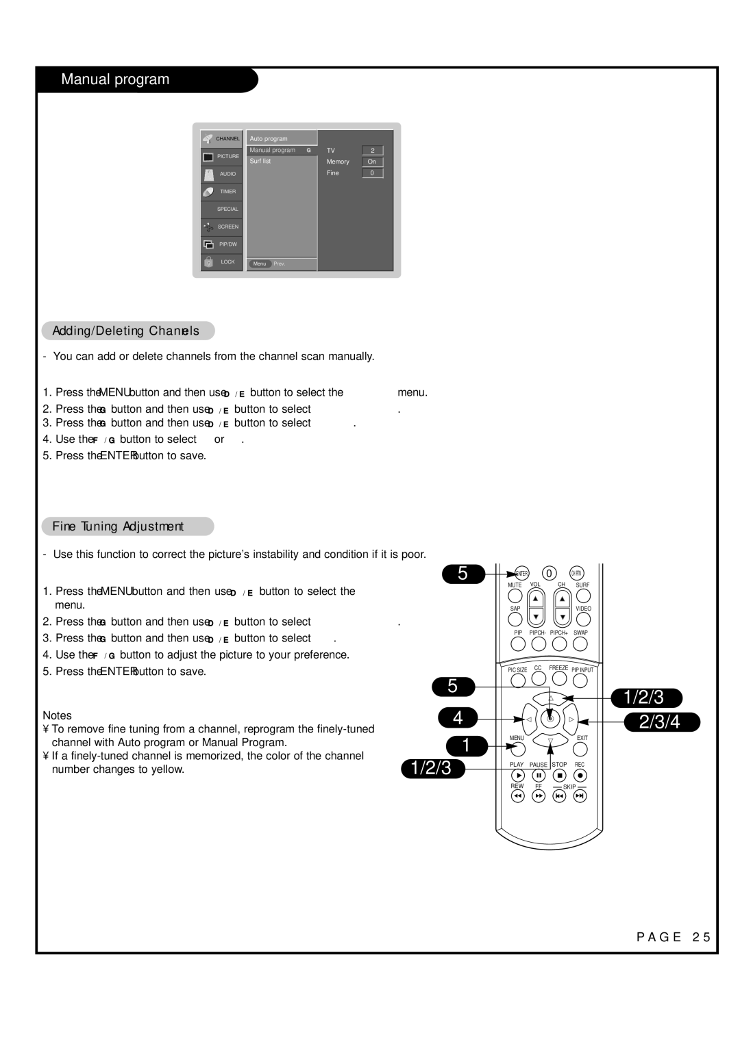 Toshiba 44HM85 owner manual Manual program, Adding/Deleting Channels, Fine Tuning Adjustment 