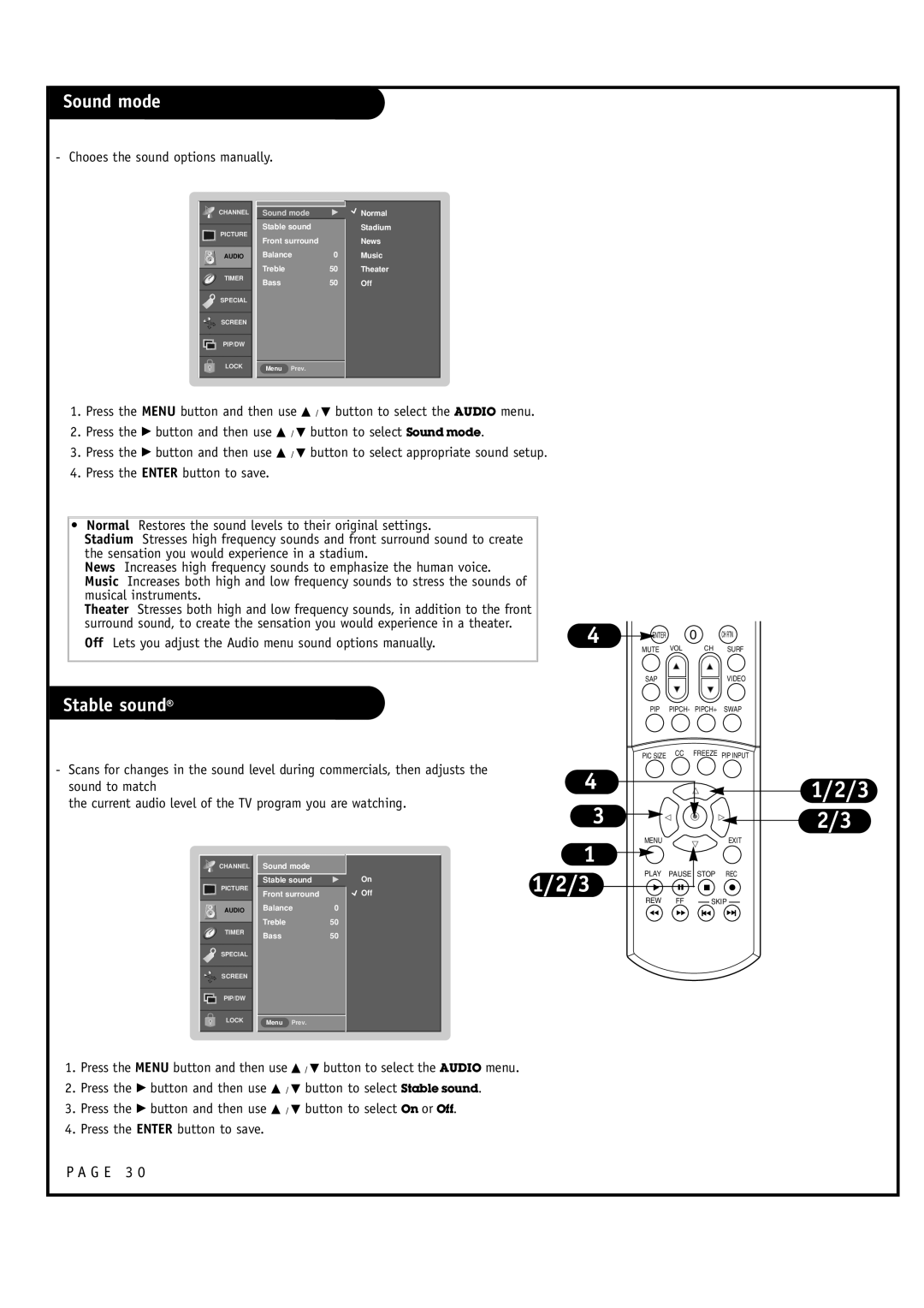 Toshiba 44HM85 owner manual Sound mode, Stable sound, G E 3, Chooes the sound options manually 