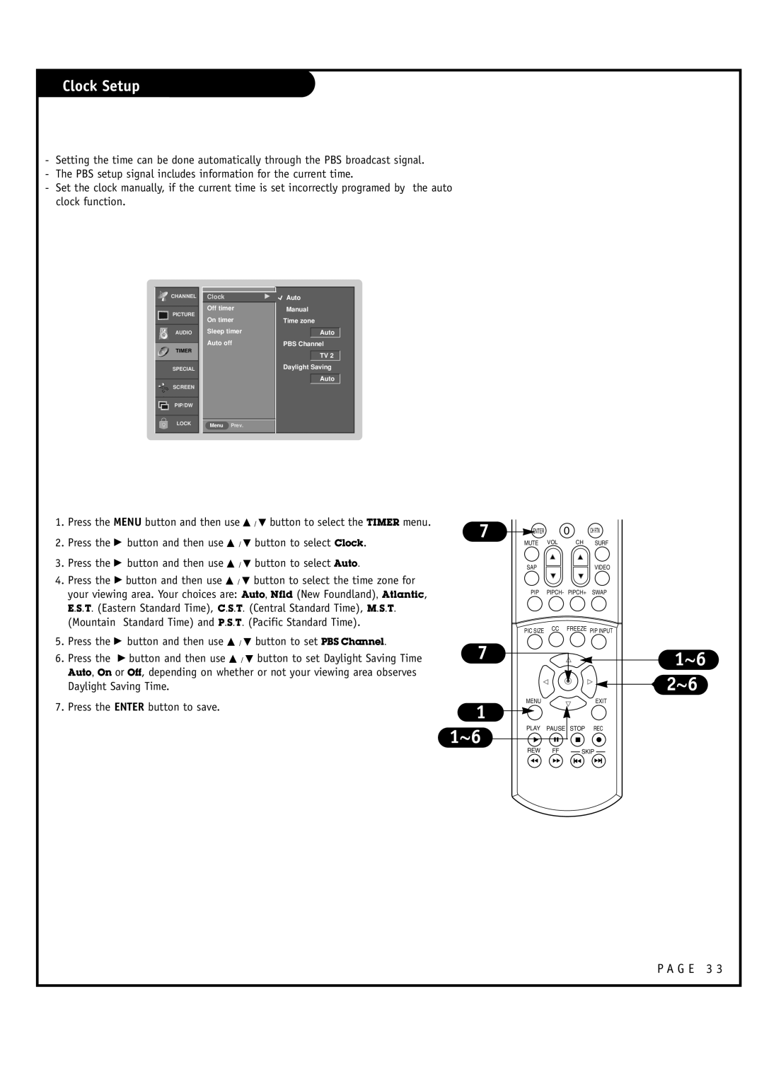 Toshiba 44HM85 owner manual Clock Setup 