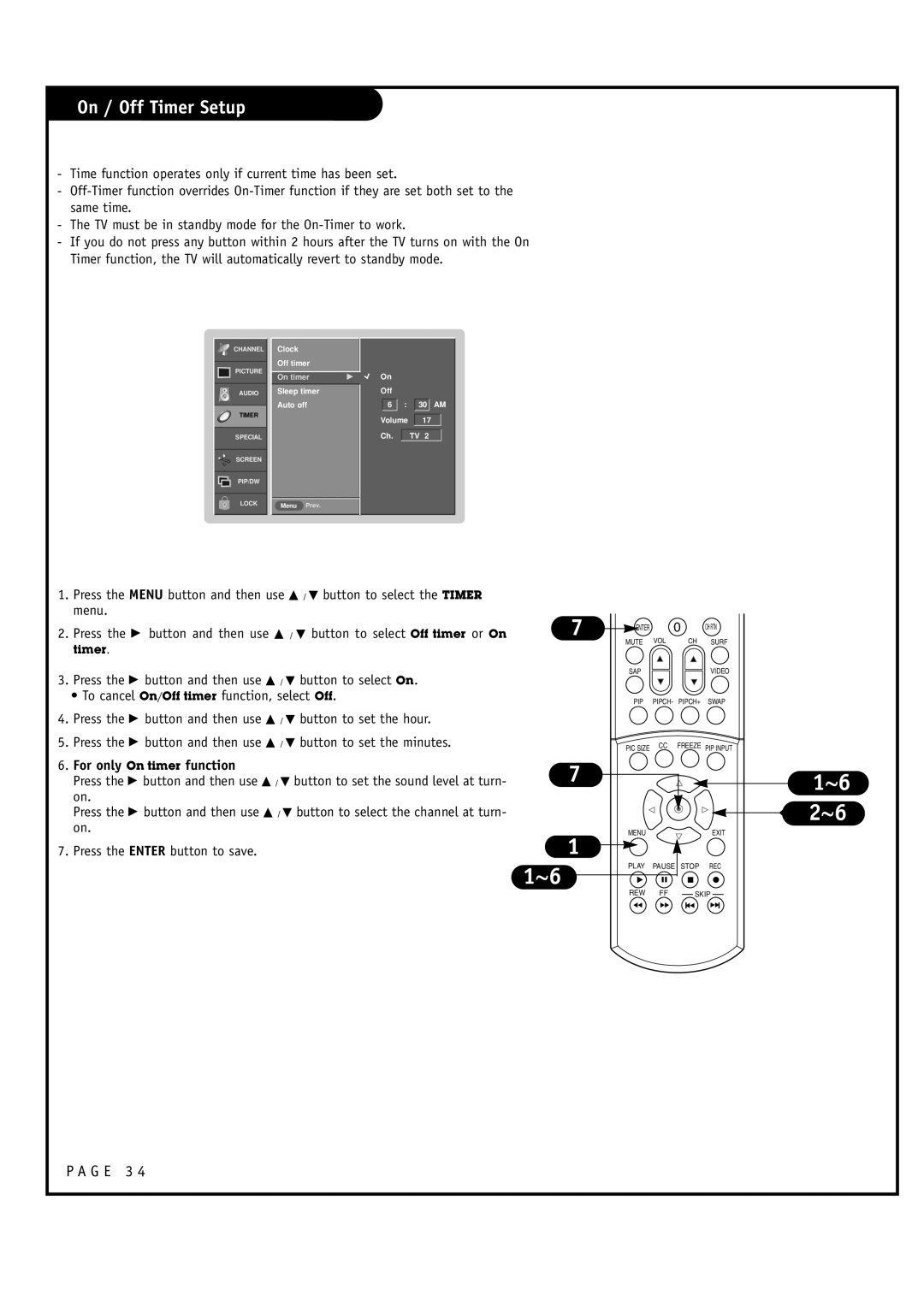 Toshiba 44HM85 owner manual On / Off Timer Setup, For only On timer function 