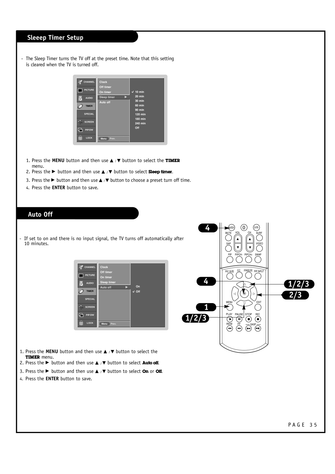 Toshiba 44HM85 owner manual Sleeep Timer Setup, Auto Off 