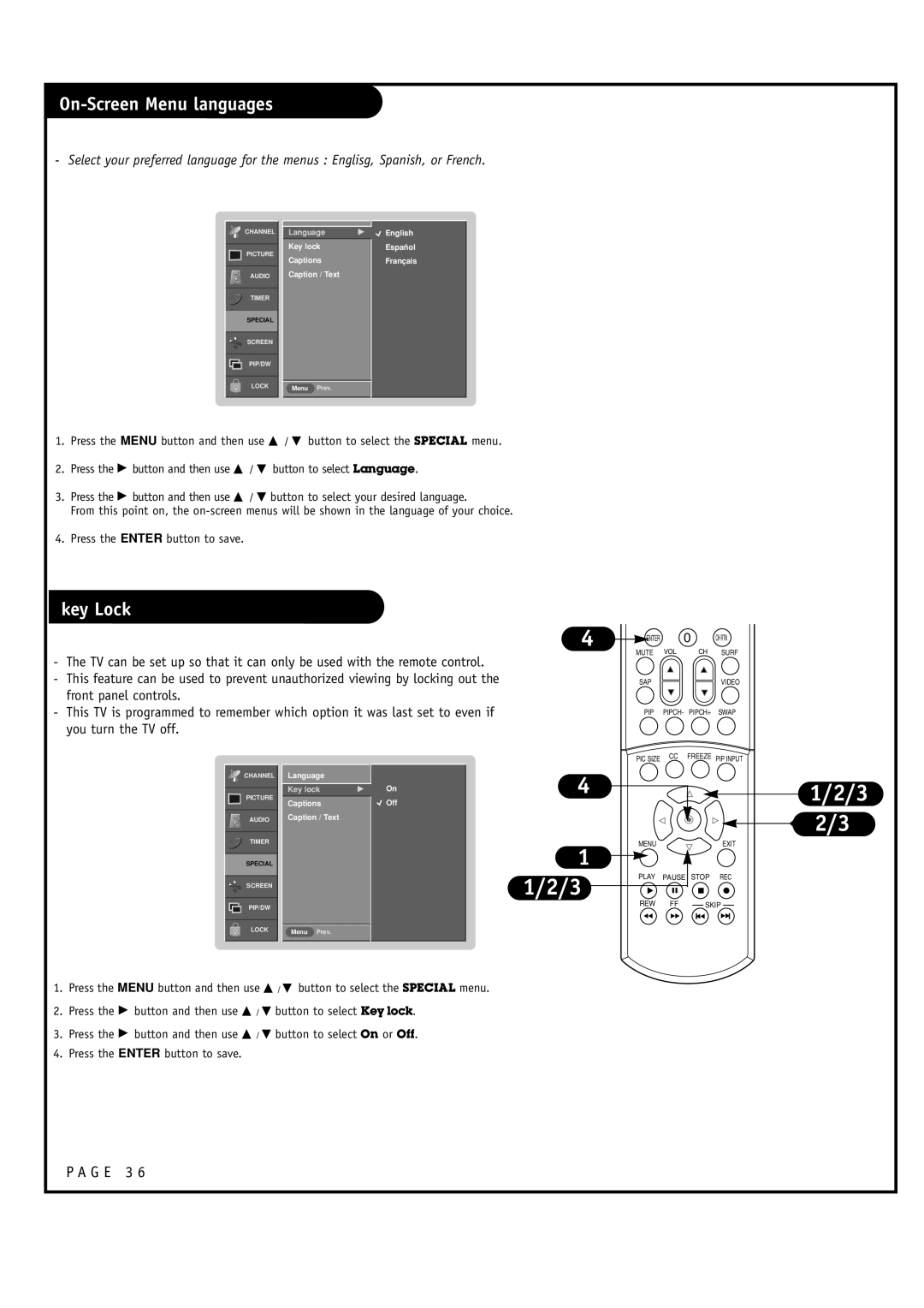 Toshiba 44HM85 owner manual On-Screen Menu languages, Key Lock 