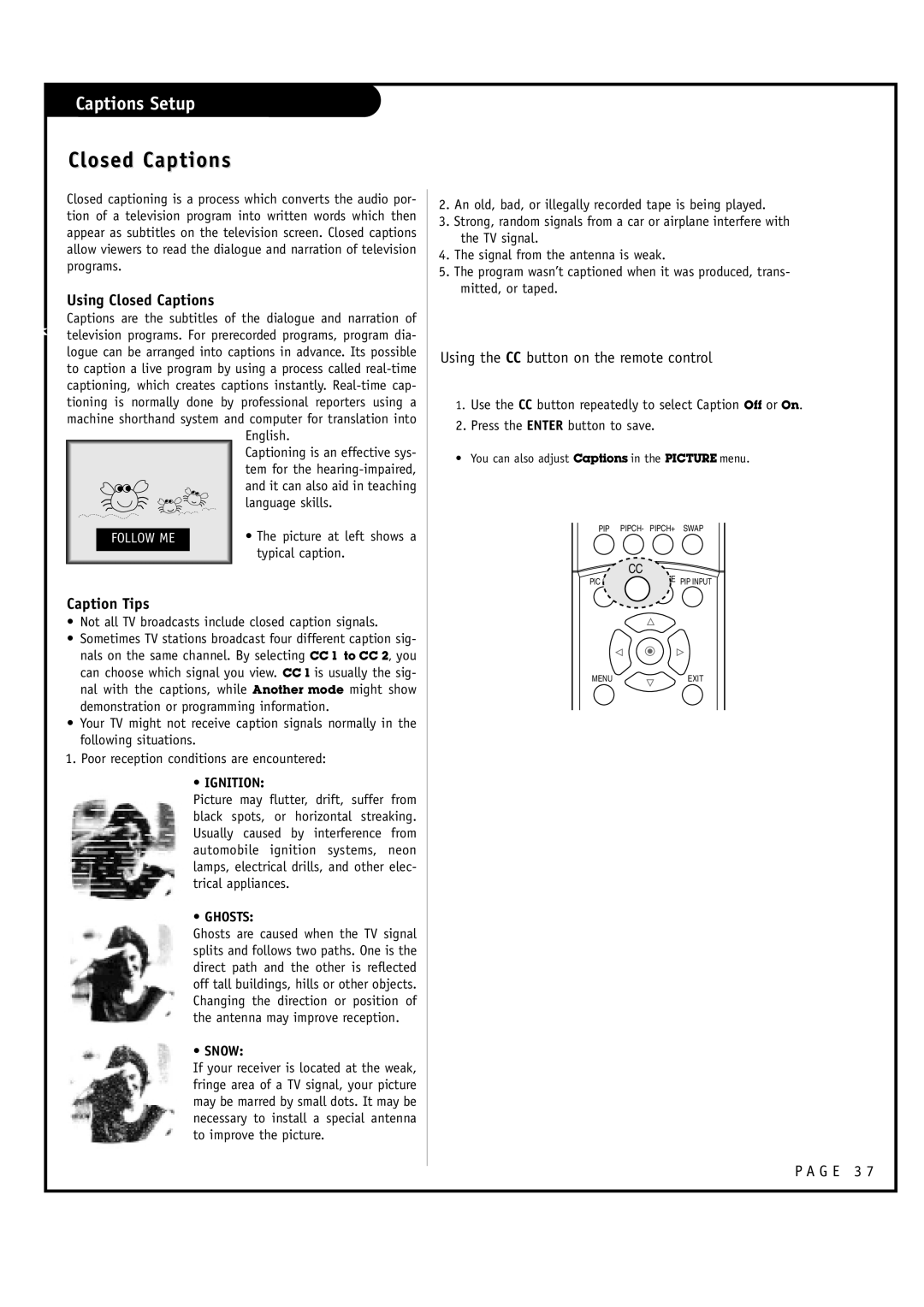 Toshiba 44HM85 owner manual Captions Setup, Using Closed Captions, Caption Tips, Using the CC button on the remote control 