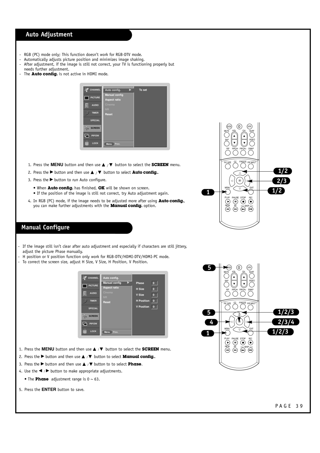 Toshiba 44HM85 owner manual Auto Adjustment, Manual Configure 