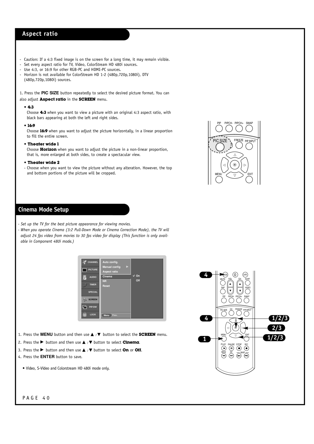 Toshiba 44HM85 owner manual Aspect ratio, Cinema Mode Setup, G E 4 