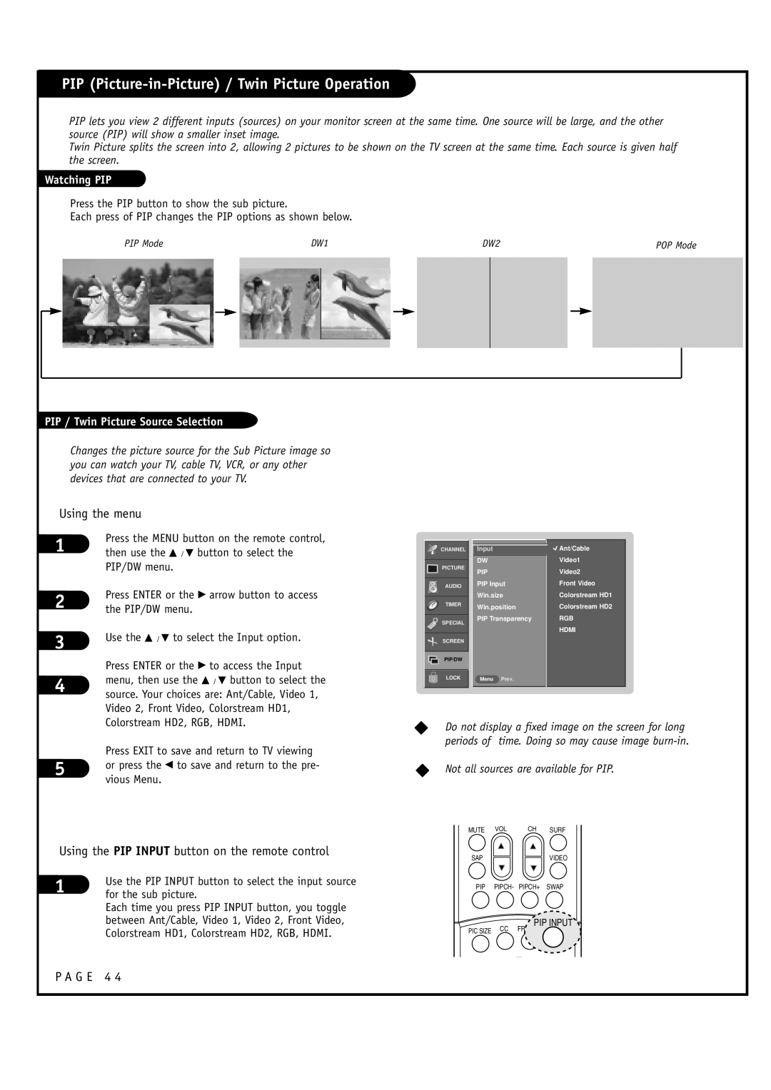 Toshiba 44HM85 owner manual PIP Picture-in-Picture / Twin Picture Operation, Using the menu, Watching PIP 