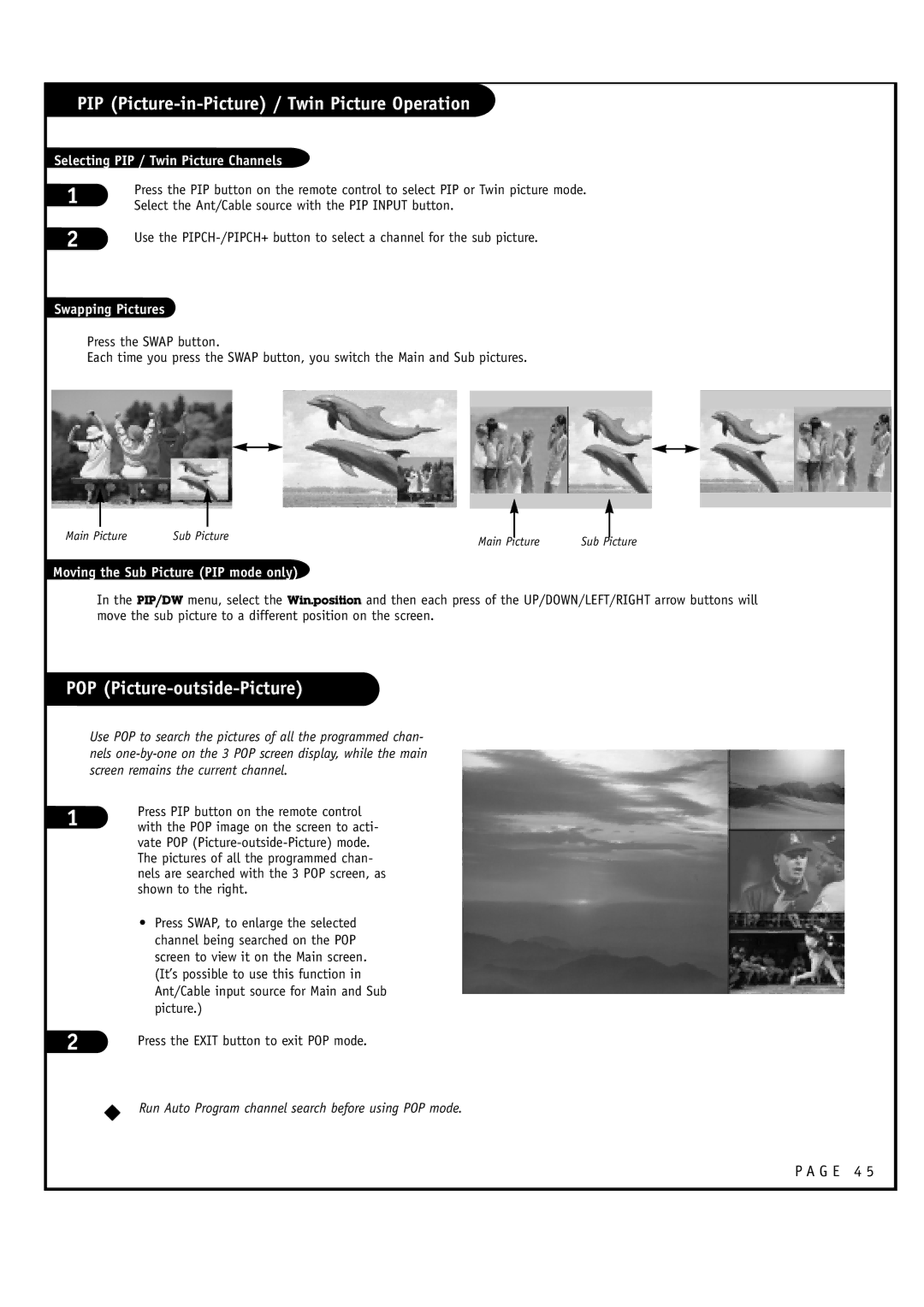 Toshiba 44HM85 owner manual POP Picture-outside-Picture, Selecting PIP / Twin Picture Channels, Swapping Pictures 