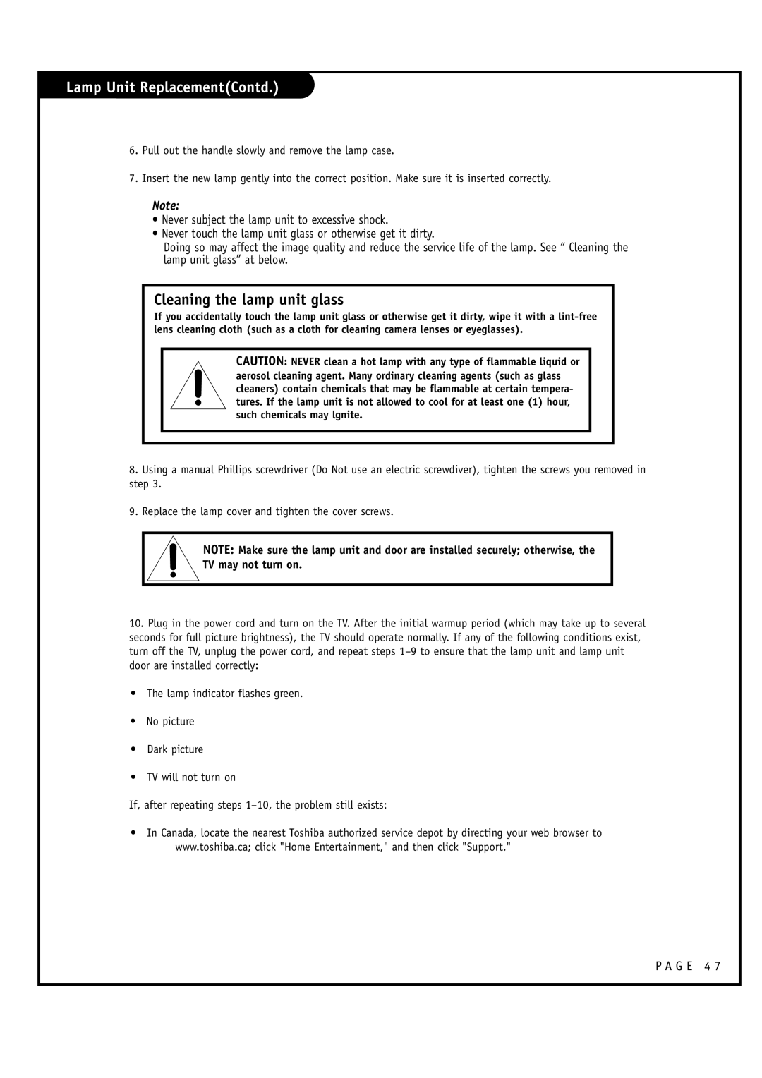 Toshiba 44HM85 owner manual Lamp Unit ReplacementContd, TV may not turn on 