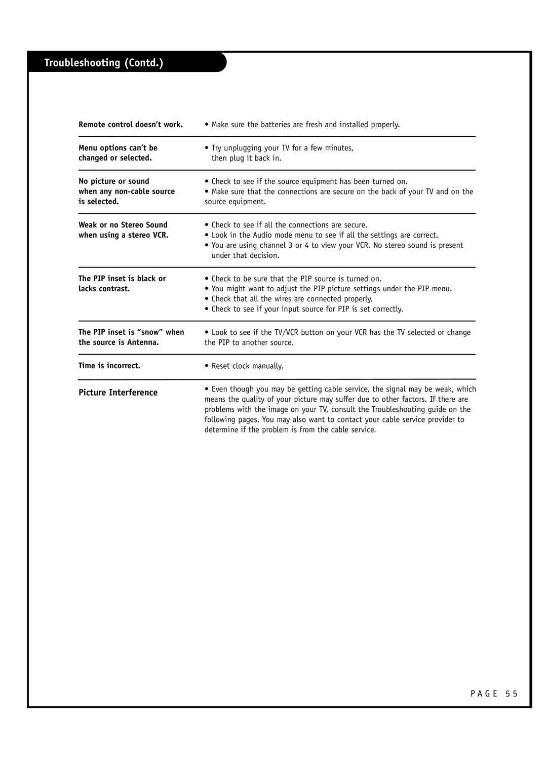 Toshiba 44HM85 owner manual Troubleshooting Contd, Picture Interference, Is selected Source equipment, Time is incorrect 