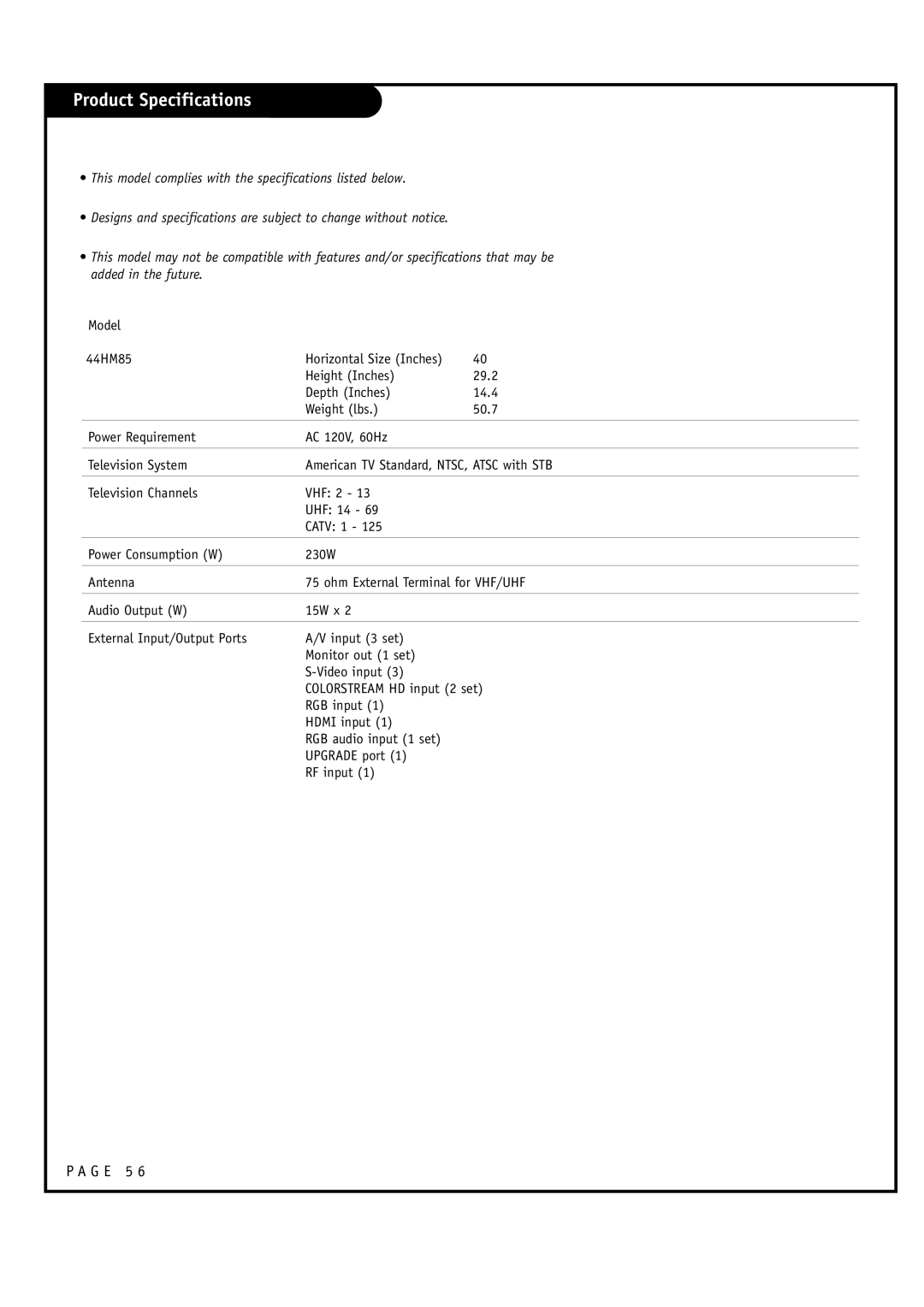 Toshiba 44HM85 owner manual Product Specifications 