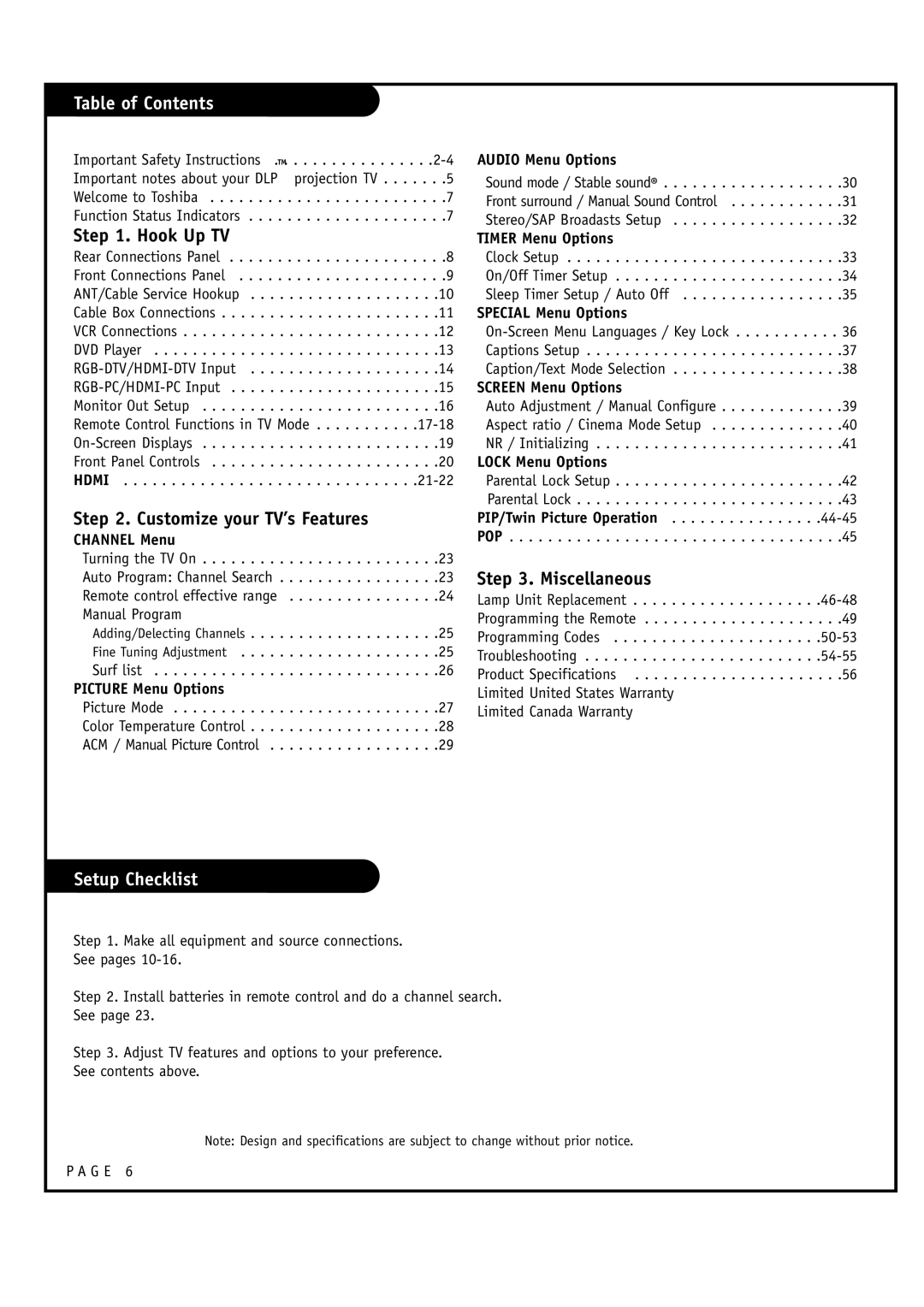 Toshiba 44HM85 owner manual Table of Contents, Setup Checklist 