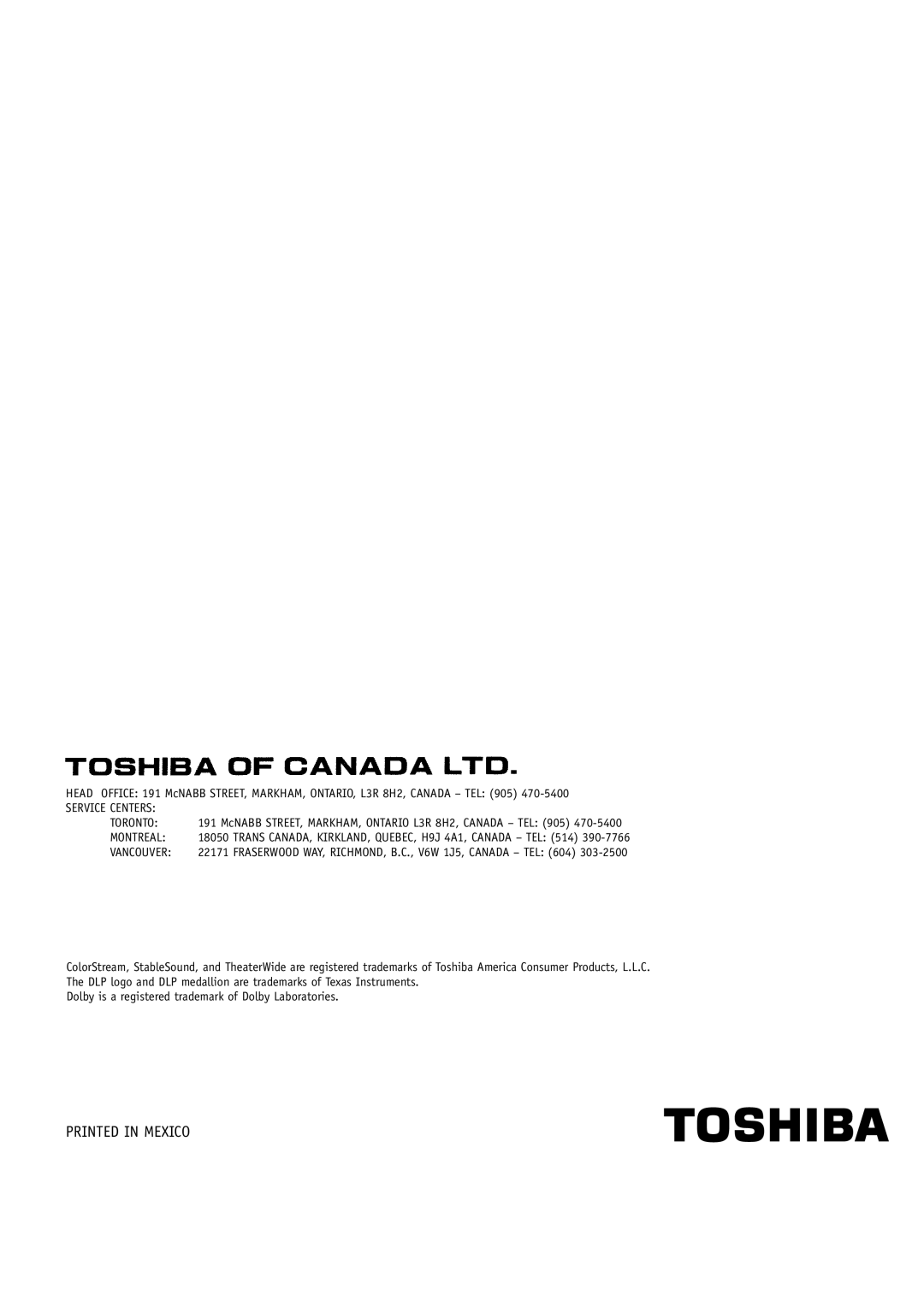 Toshiba 44HM85 owner manual Service Centers Toronto 