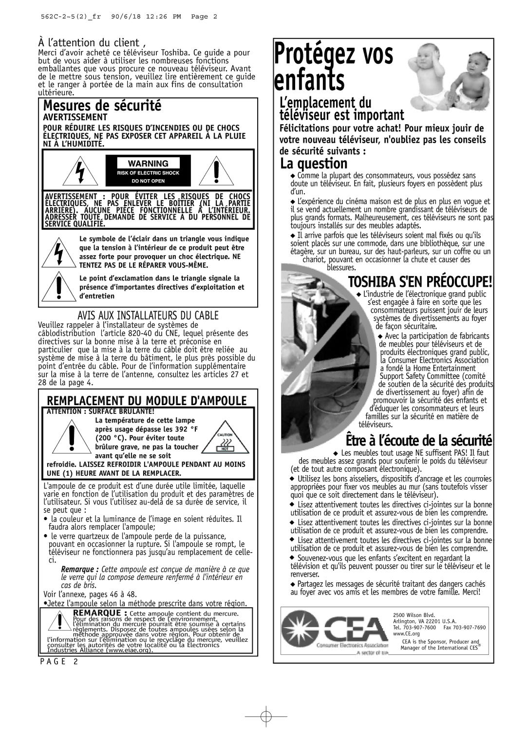 Toshiba 44HM85 Voir l’annexe, pages 46 à, Systèmes de divertissements au foyer de façon sécuritaire, Téléviseurs 