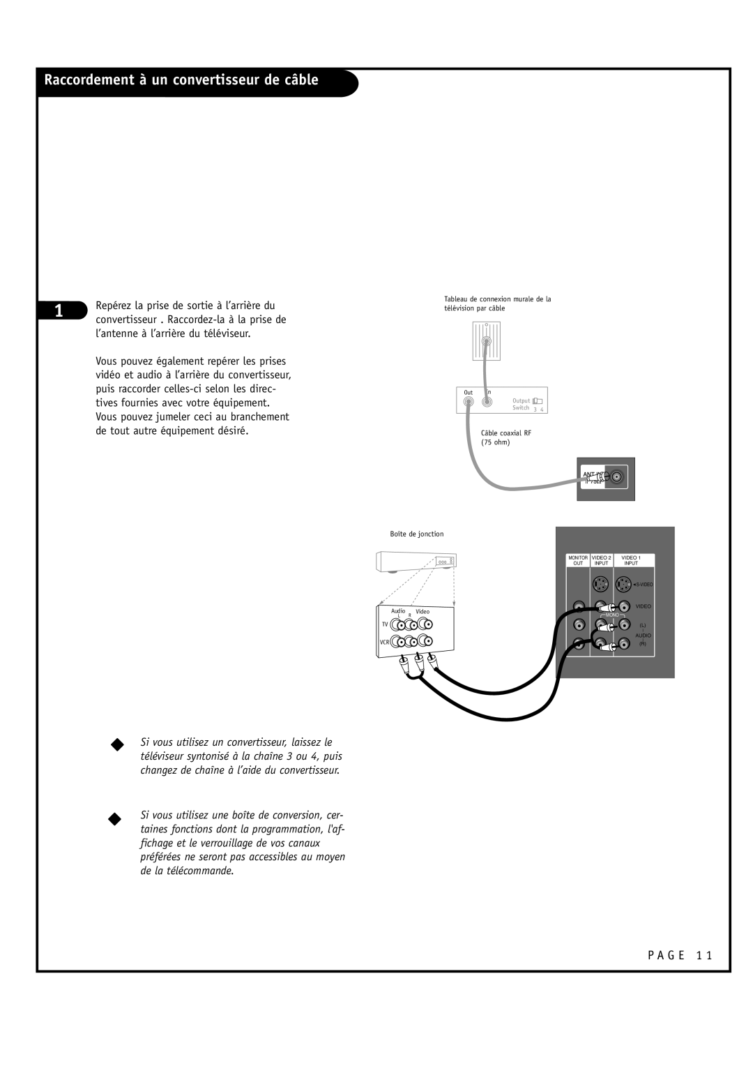 Toshiba 44HM85 owner manual Raccordement à un convertisseur de câble, ’antenne à l’arrière du téléviseur 