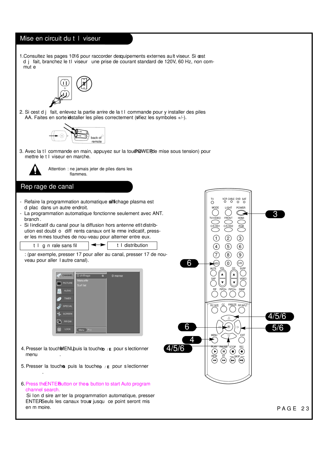 Toshiba 44HM85 owner manual Mise en circuit du téléviseur, Repérage de canal 