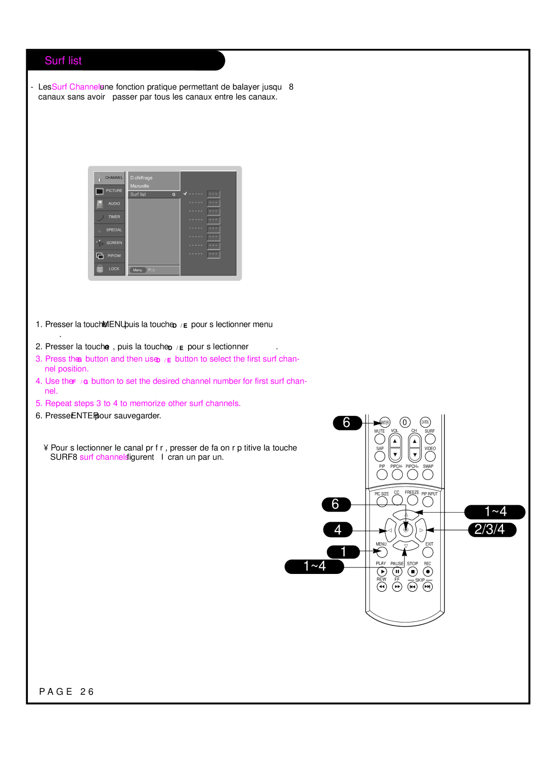 Toshiba 44HM85 owner manual Surf list, Surf surf channels figurent à l’écran un par un 