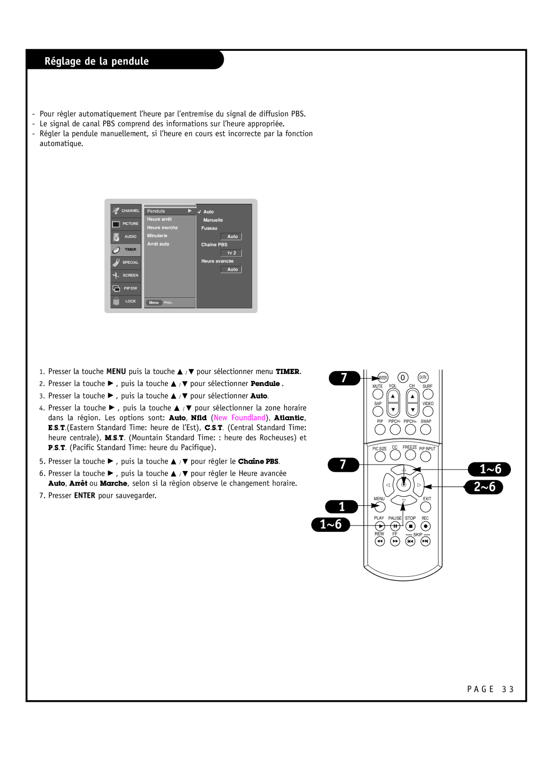 Toshiba 44HM85 owner manual Réglage de la pendule 