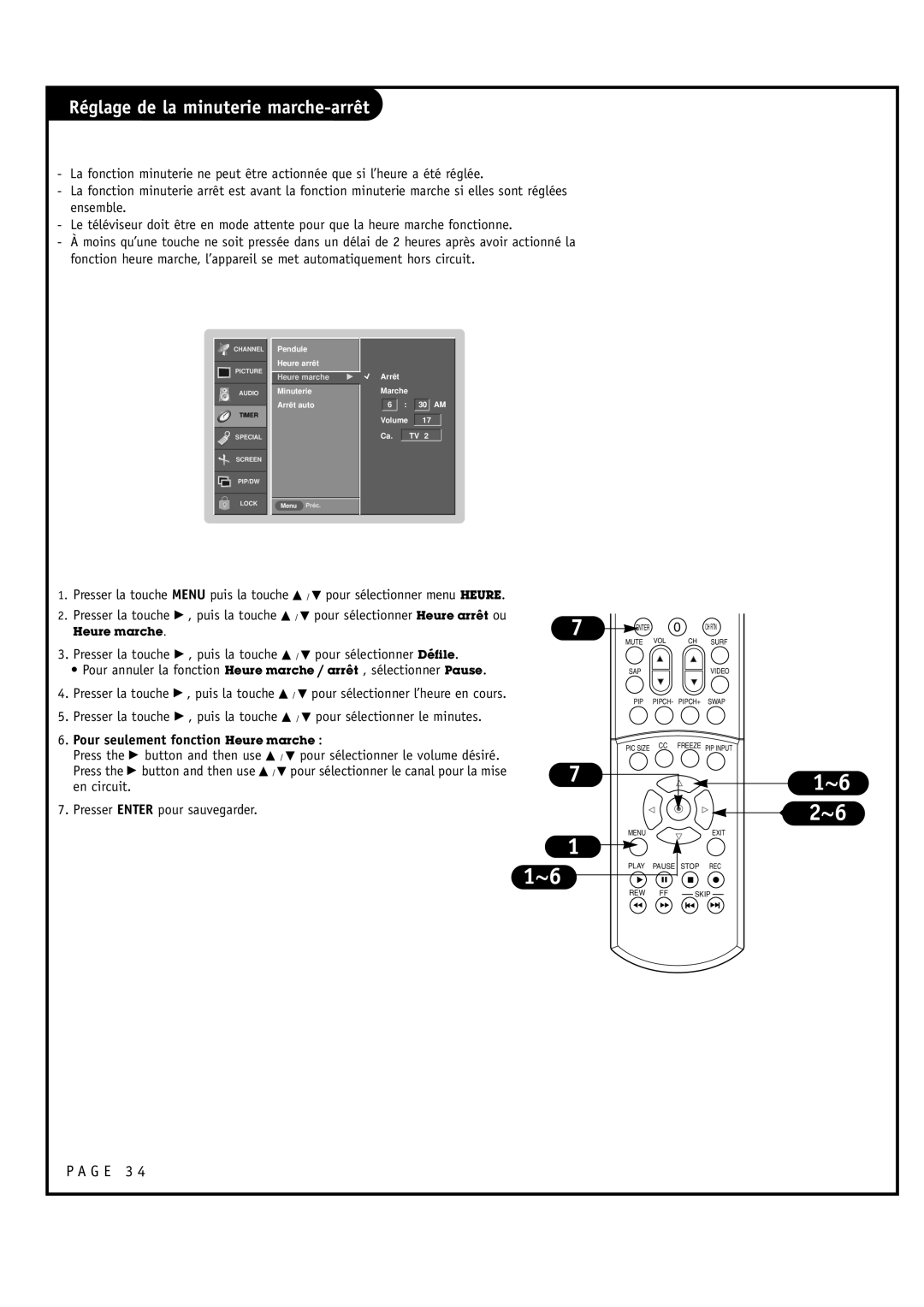 Toshiba 44HM85 owner manual Réglage de la minuterie marche-arrêt, Pour seulement fonction Heure marche, En circuit 