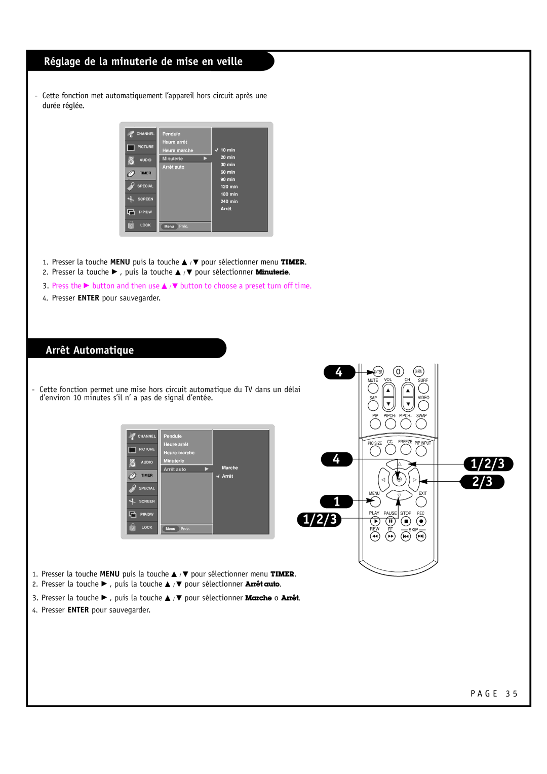 Toshiba 44HM85 owner manual Réglage de la minuterie de mise en veille, Arrêt Automatique 