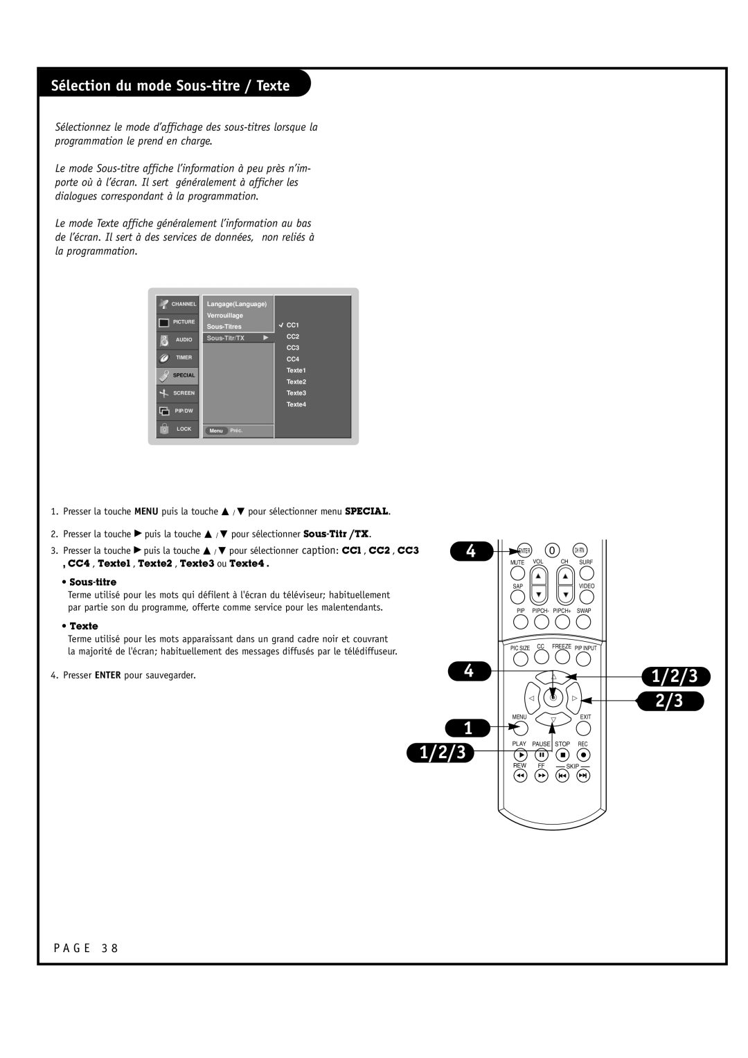 Toshiba 44HM85 owner manual Sélection du mode Sous-titre / Texte, CC4 , Texte1 , Texte2 , Texte3 ou Texte4 Sous-titre 