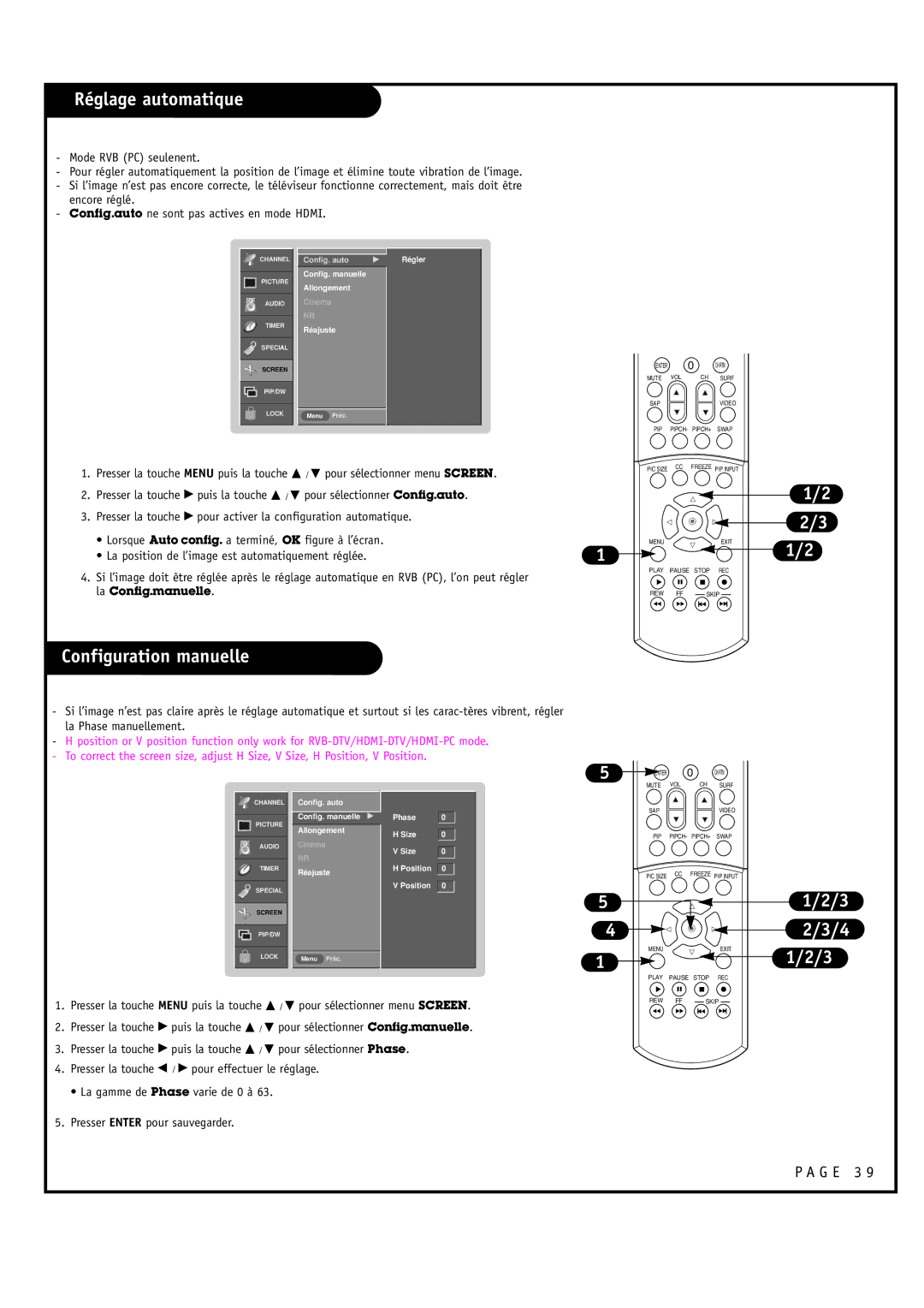 Toshiba 44HM85 owner manual Réglage automatique, Configuration manuelle 