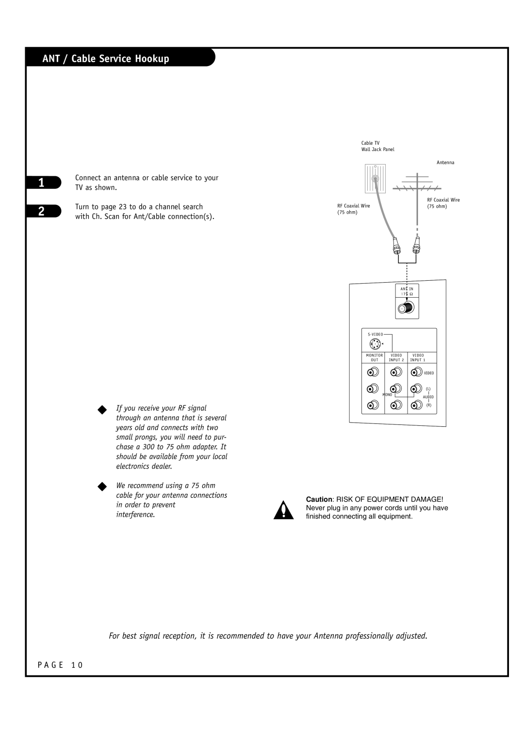 Toshiba 44NHM84 owner manual ANT / Cable Service Hookup, G E 1, TV as shown, Turn to page 23 to do a channel search 