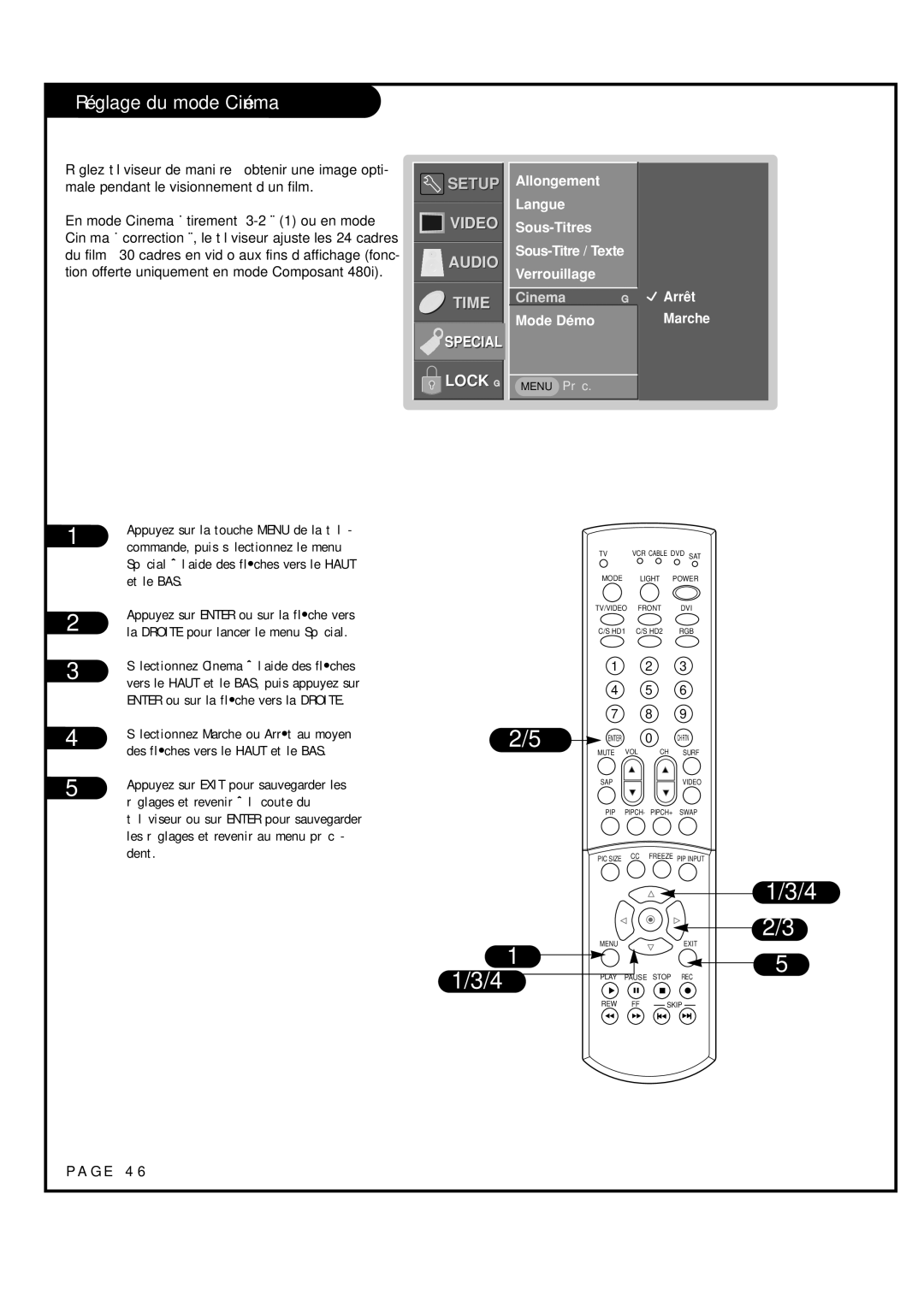 Toshiba 44NHM84 owner manual Réglage du mode Cinéma, Dent 