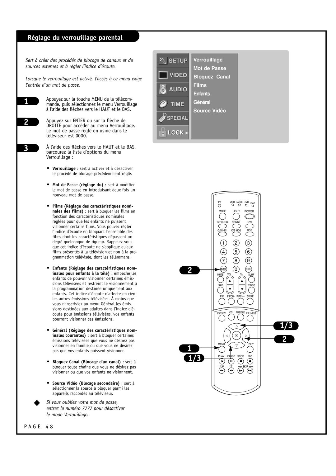 Toshiba 44NHM84 Réglage du verrouillage parental, ’aide des flèches vers le Haut et le BAS, Téléviseur est, Verrouillage 