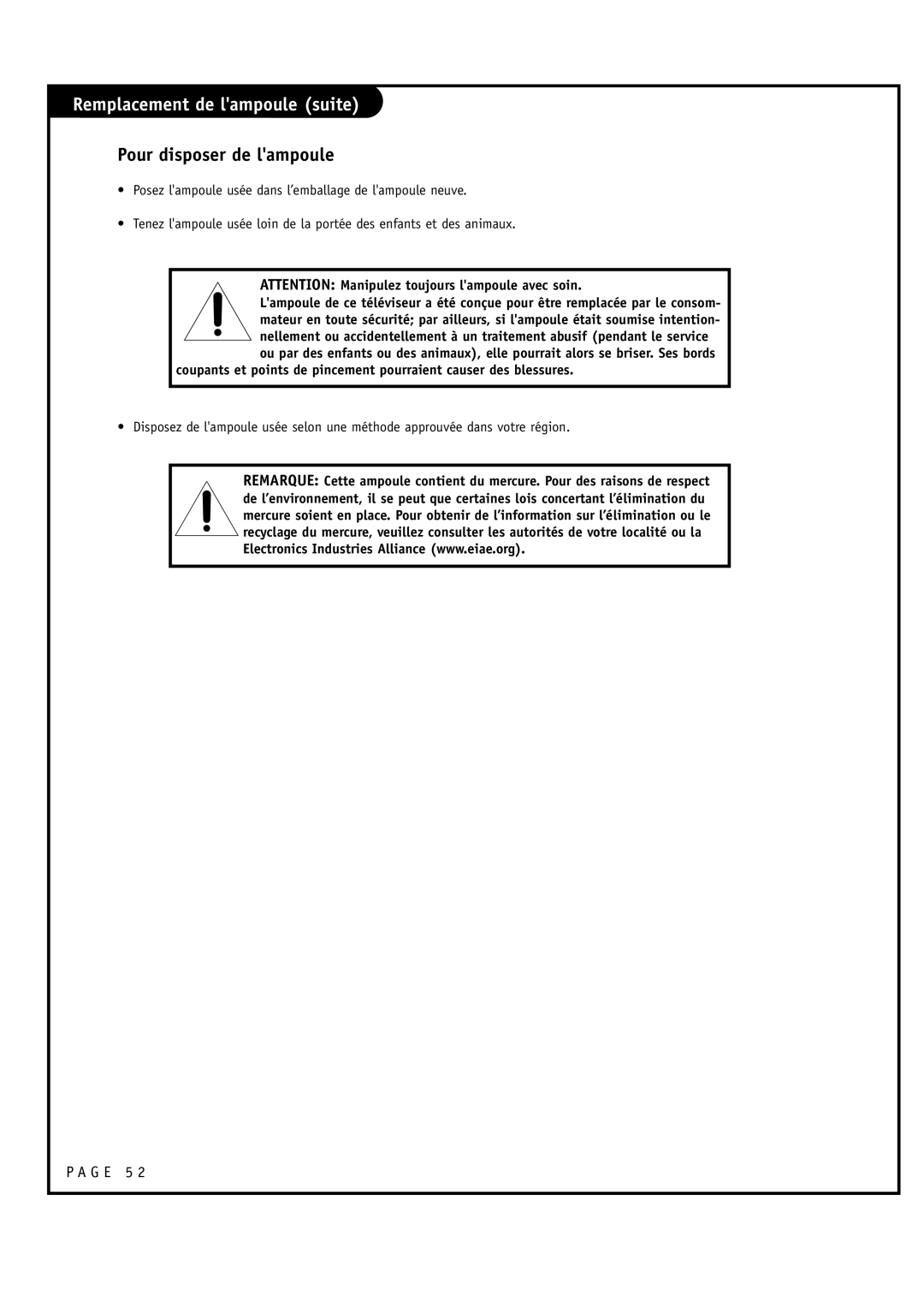 Toshiba 44NHM84 owner manual Pour disposer de lampoule 