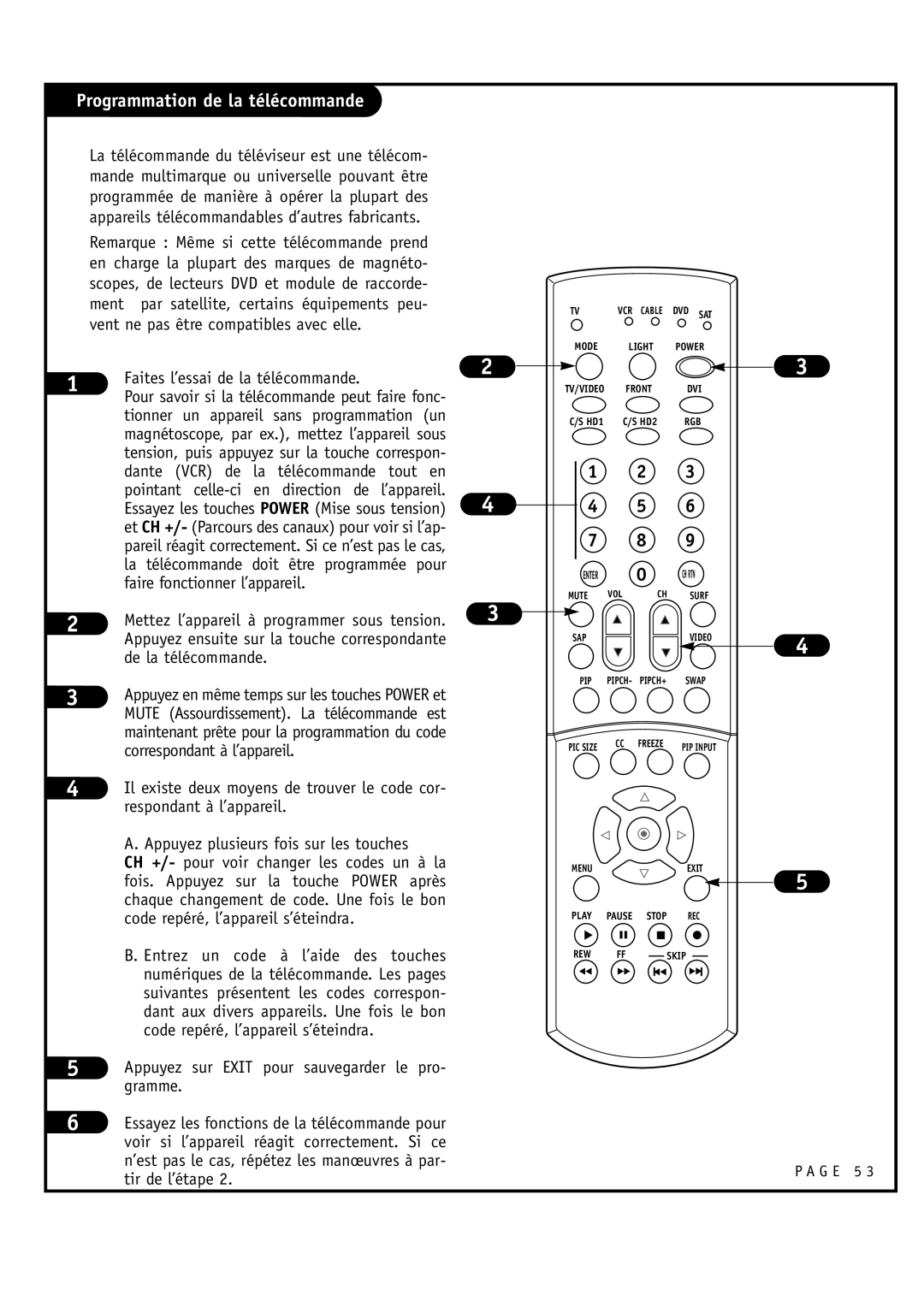 Toshiba 44NHM84 owner manual Programmation de la télécommande 