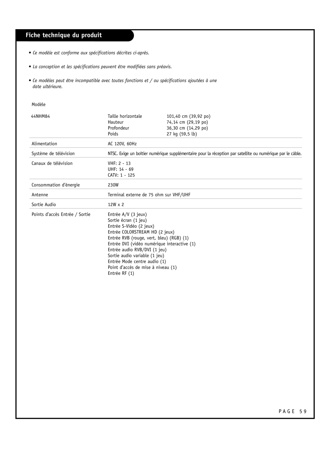 Toshiba 44NHM84 owner manual Fiche technique du produit, Point d’accès de mise à niveau, Entrée RF 