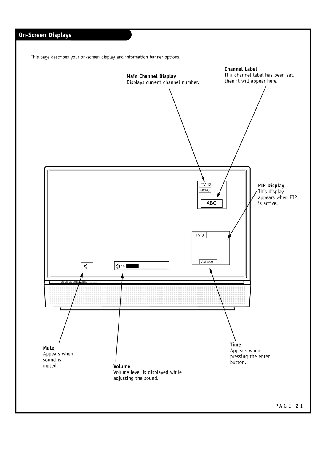 Toshiba 44NHM84 owner manual On-Screen Displays, Channel Label, Main Channel Display, PIP Display 