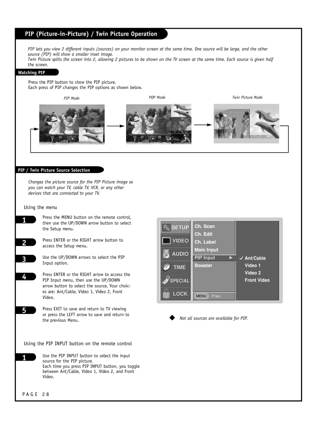 Toshiba 44NHM84 PIP Picture-in-Picture / Twin Picture Operation, Using the menu, Ch. Scan Ch. Edit Ch. Label Main Input 