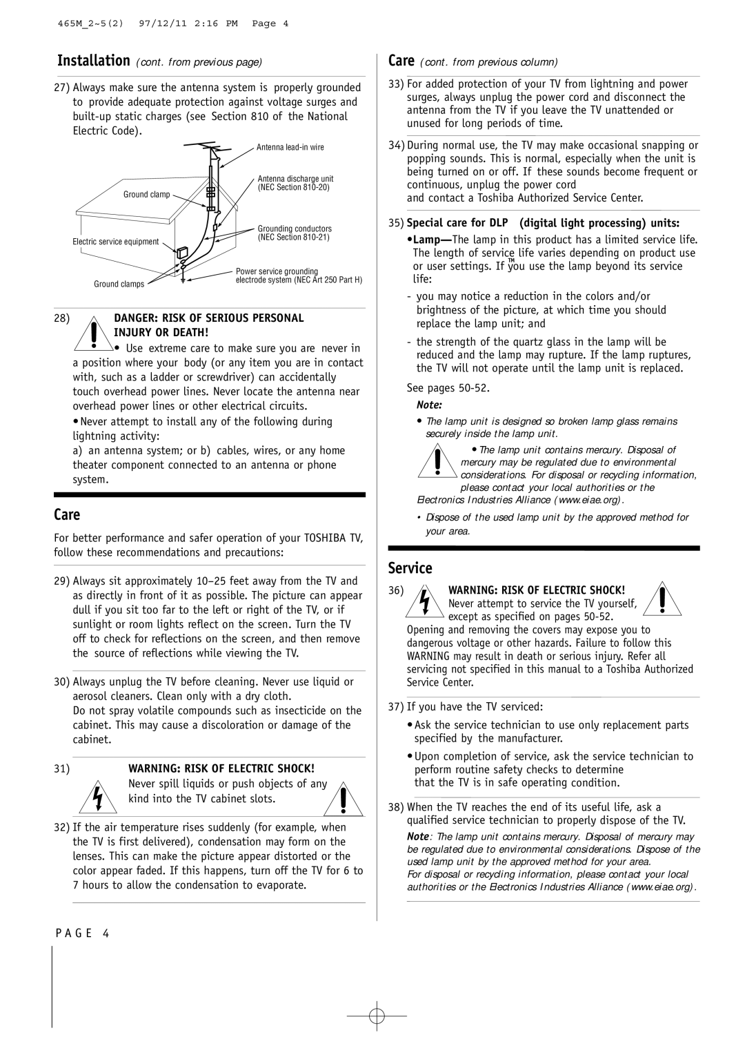 Toshiba 44NHM84 owner manual Special care for DLP digital light processing units 