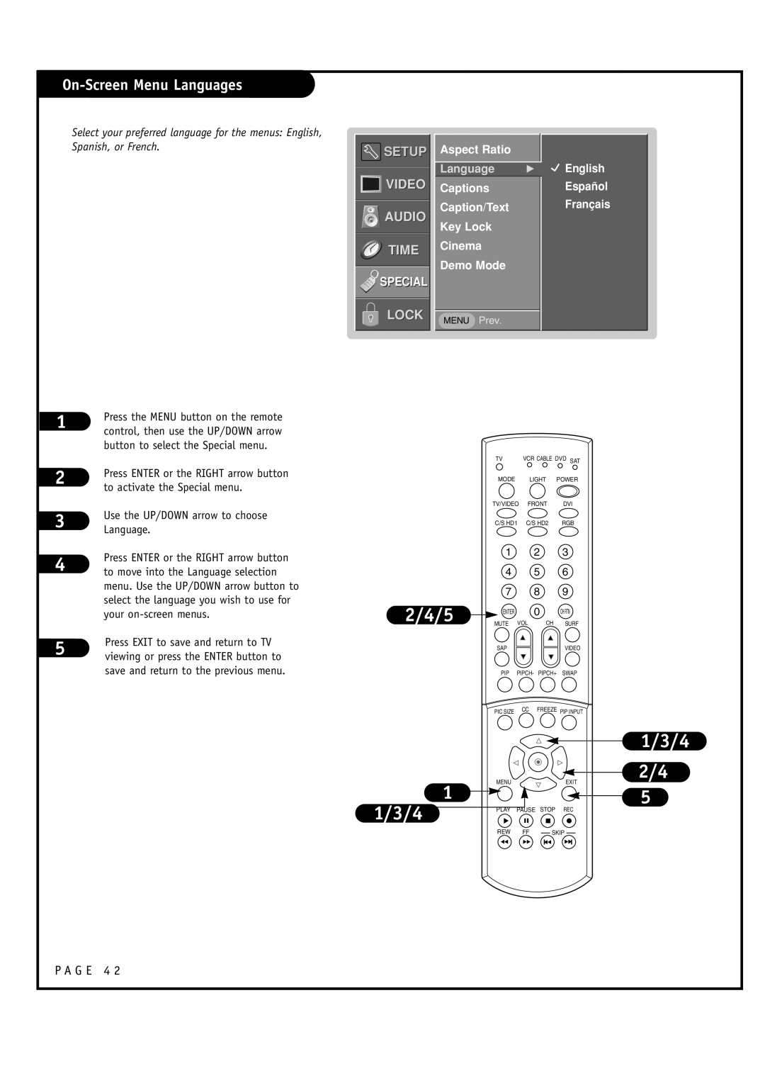 Toshiba 44NHM84 owner manual On-Screen Menu Languages, Aspect Ratio, Captions Caption/Text Key Lock Cinema Demo Mode 